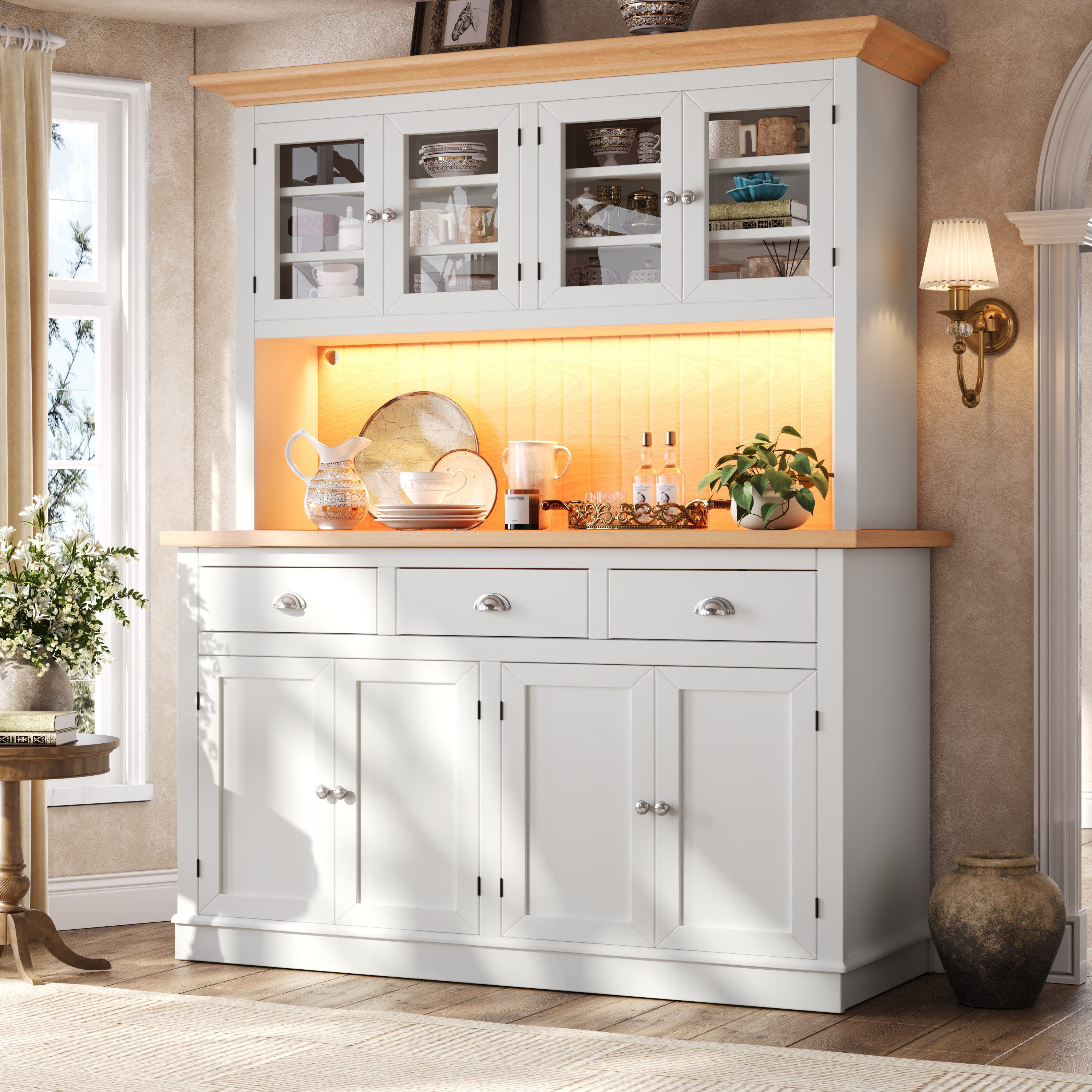 Flieks Küchenbuffet Hochschrank mit LED-Beleuchtung, 4 Glastüren, verstellbaren Böden (B140/T40/H180 cm, 1-St) Küchenschrank mit Arbeitsplatte Holzoptik Vitrine Retro-Stil Hellgrau