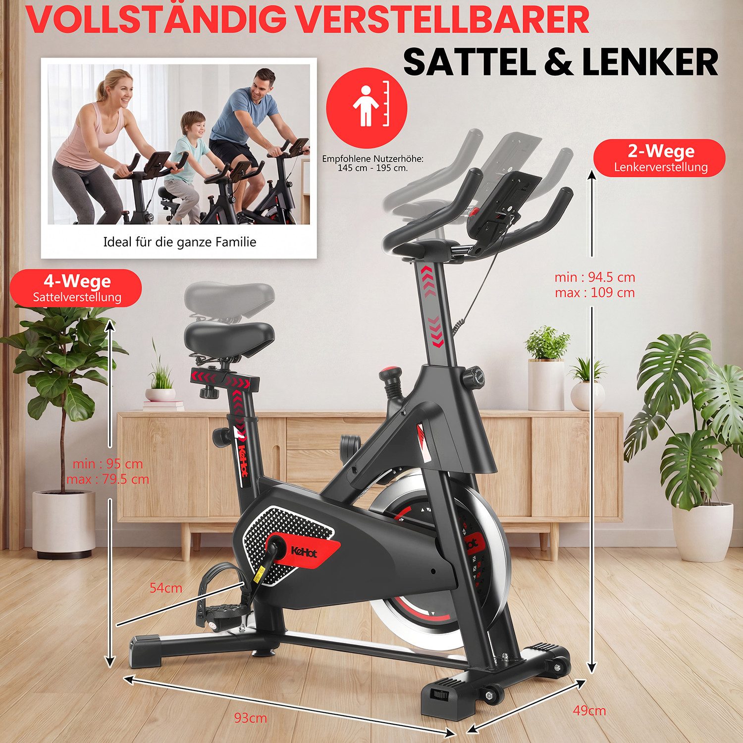 kehot Heimtrainer Indoor Cycling Bike 6KG Schwungrad mit Bluetooth App (Ergonomisch verstellbar Sitz & Lenker bis 150KG Belastung, Fitnessbike mit Herzfrequenzsensor LCD Anzeige Training), Leises Heimtrainer Fahrrad für Ausdauer Cardio Zuhause