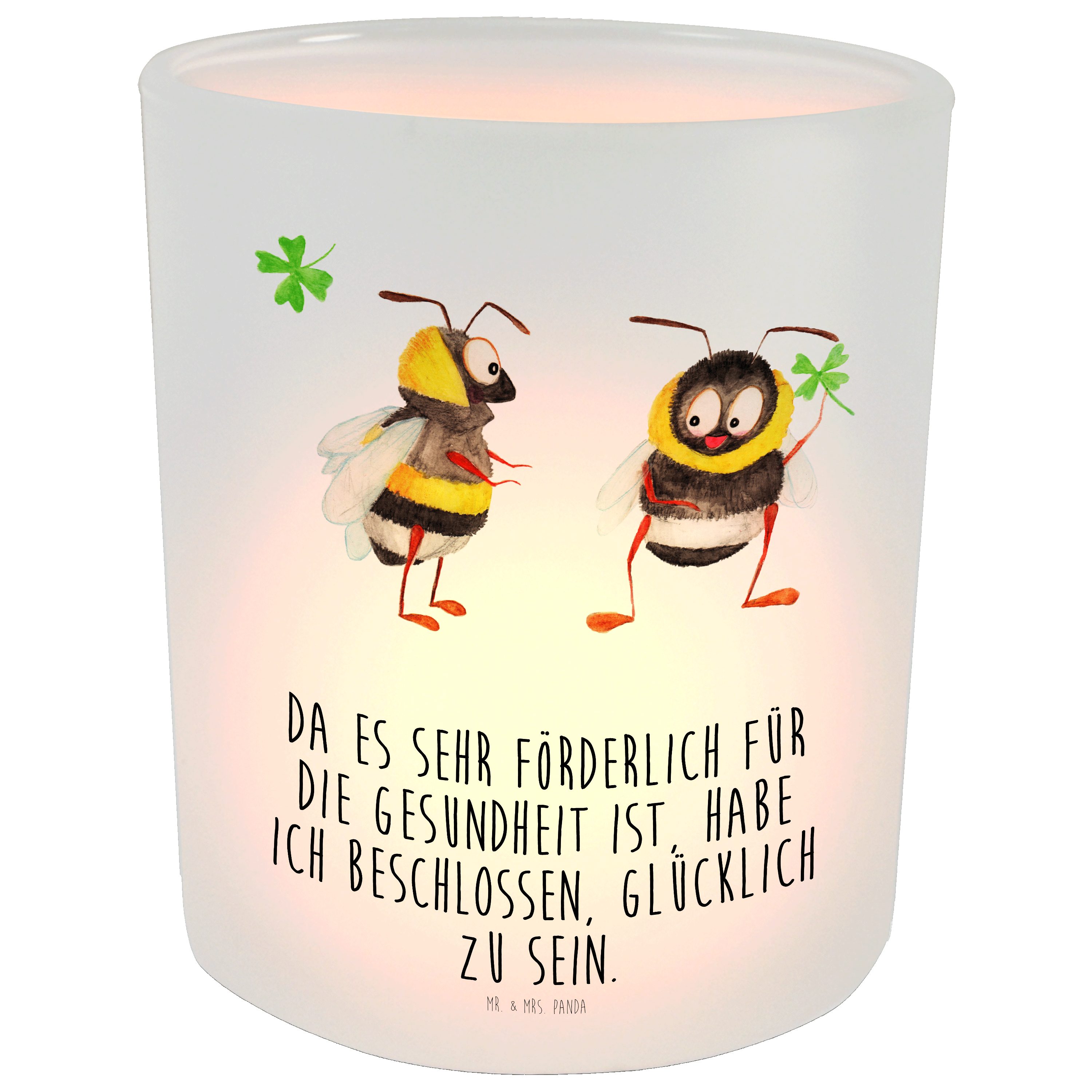 Mr. & Mrs. Panda Windlicht Hummeln mit Kleeblatt - Transparent - Geschenk, Windlicht Glas, Kerze (1 St)
