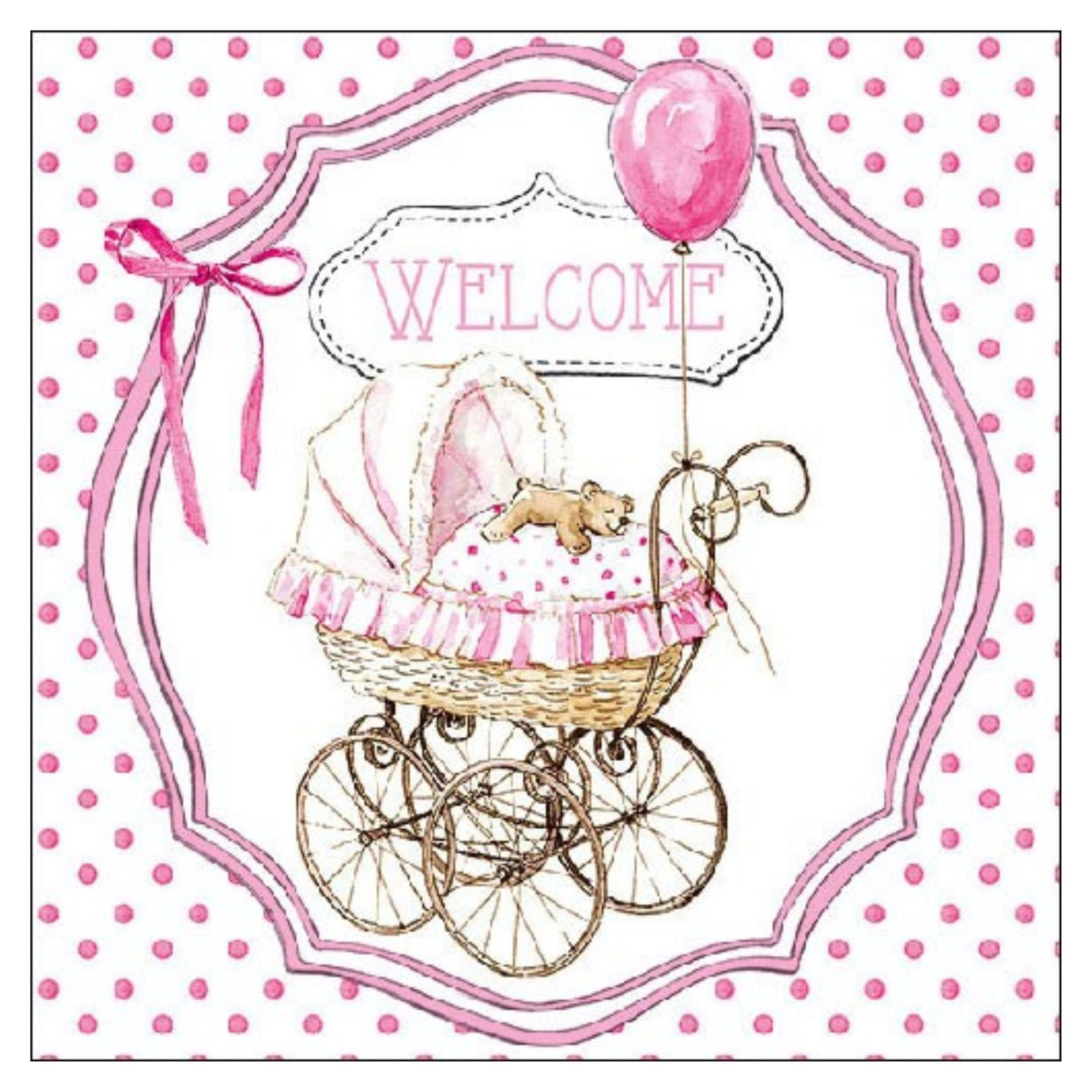 Ambiente Luxury Paper Products Papierserviette Servietten Welcome Pink Kinderwagen zur Taufe, 20 St.