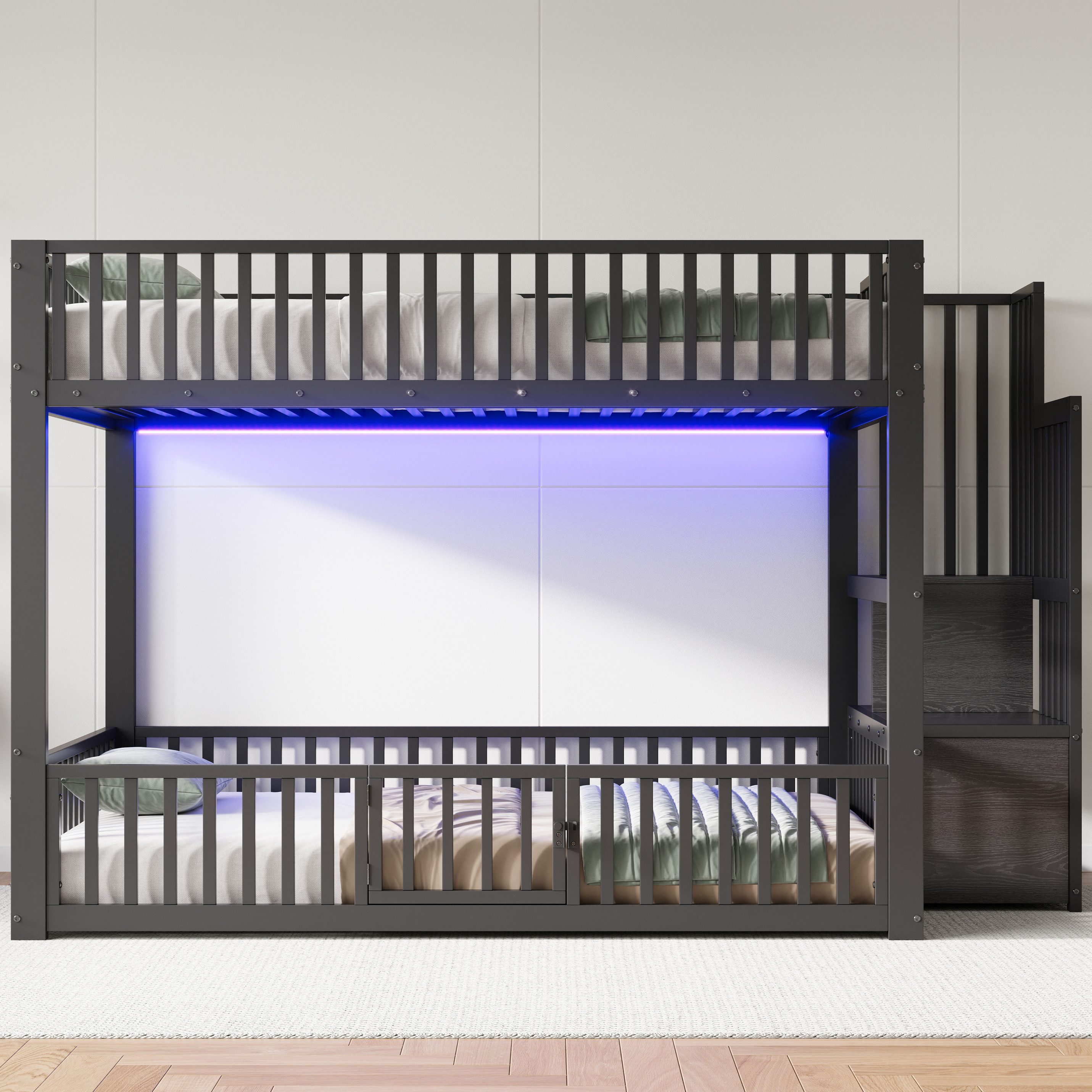 Merax Etagenbett mit LED-Beleuchtung (Jugendbett für Kinderzimmer, Gästezimmer, 1-St), Metallbett Kinderbett 140x200cm mit Stauraumleiter, Schutzgittern, Tür