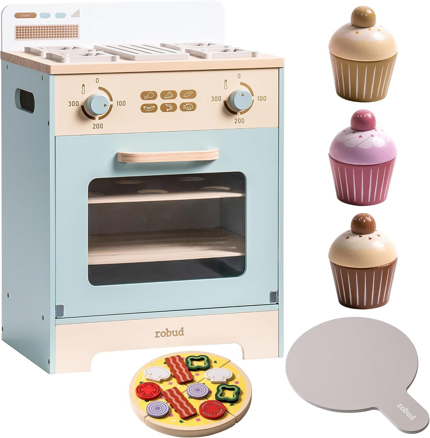 Vivitar Spielküche Holz-Spielzeug-Ofen-Set für Kinder mit Pizza- und Cupcake-Blech, Realistisches Kochspielset mit Soundeffekten, Lernspielzeug