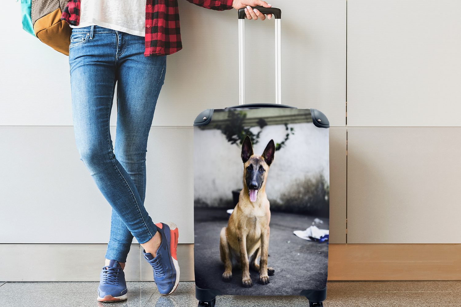 Kamera, Ein Handgepäckkoffer die Handgepäck Reisekoffer MuchoWow posiert 4 Rollen, rollen, Ferien, mit für Trolley, für liebenswerter Reisetasche Malinois-Schäferhund