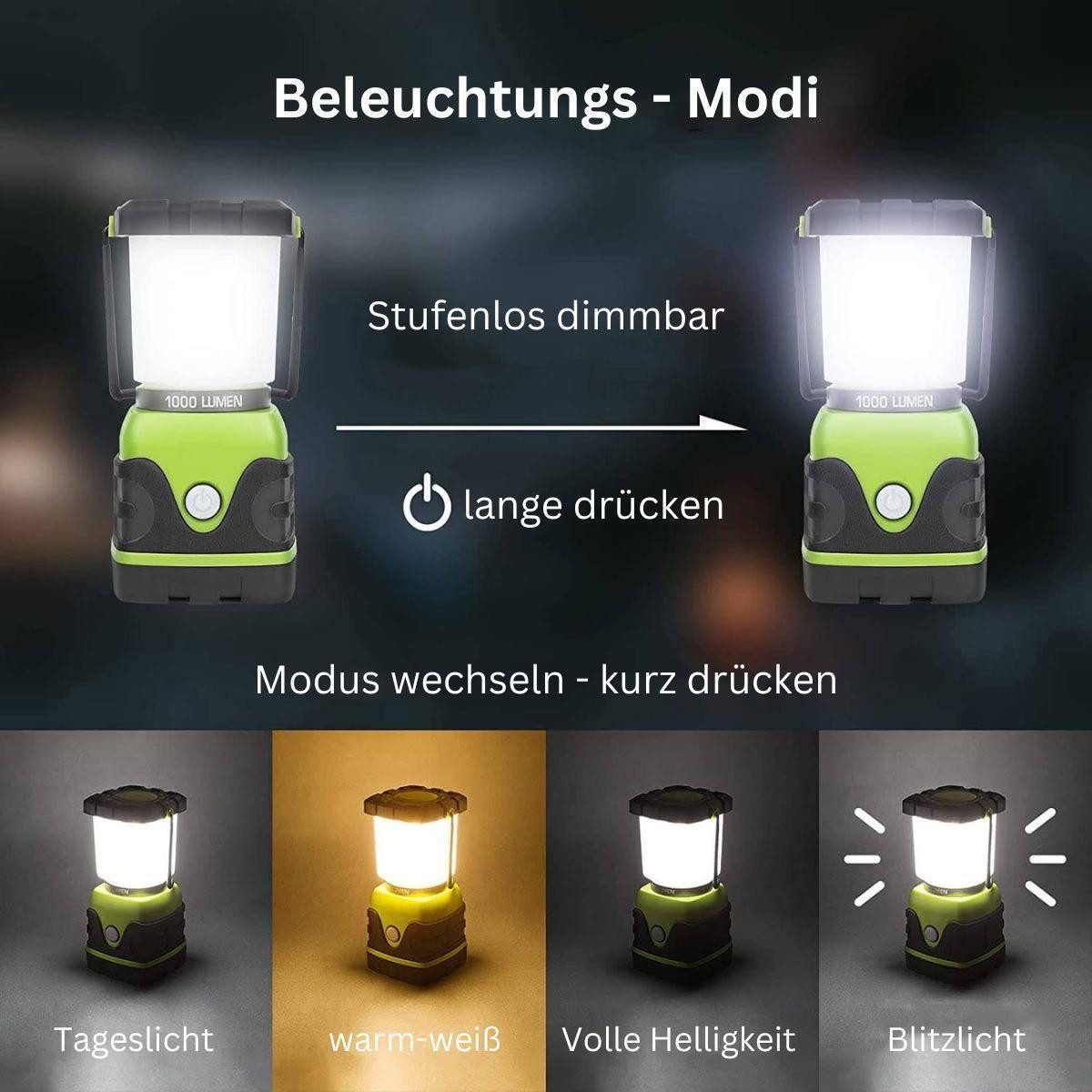 efaso LED Arbeitslicht LED Camping Lampe mit 1000 Lumen - superhell/wasserspritzgeschützt, LED fest integriert, Tageslichtweiß, 4 Lichtmodi, dimmbar