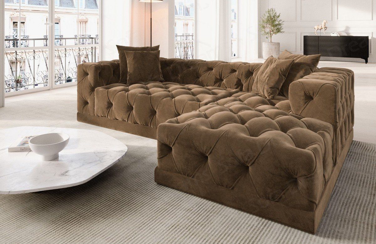 Sofa Dreams Ecksofa kurz Loungesofa, Polster Samtstoff Form Sofa L Designer Chesterfield Stil Palma hellbraun09 Stoffsofa