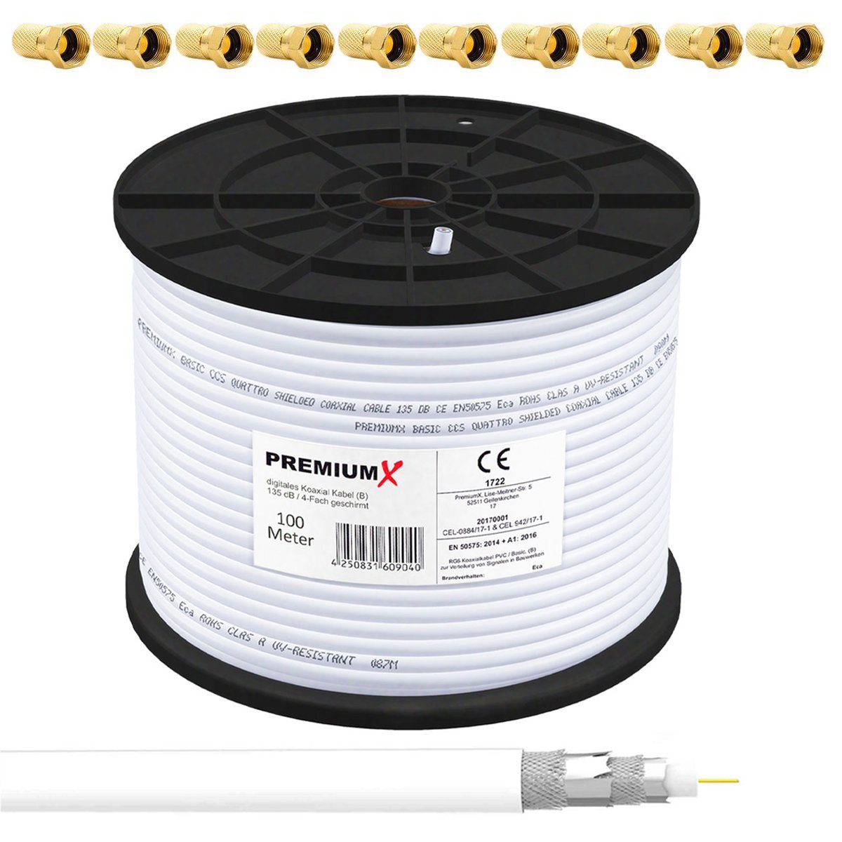 PremiumX 100m BASIC Koaxialkabel 135dB 4-fach SAT Koax Kabel 10x F-Stecker SAT-Kabel