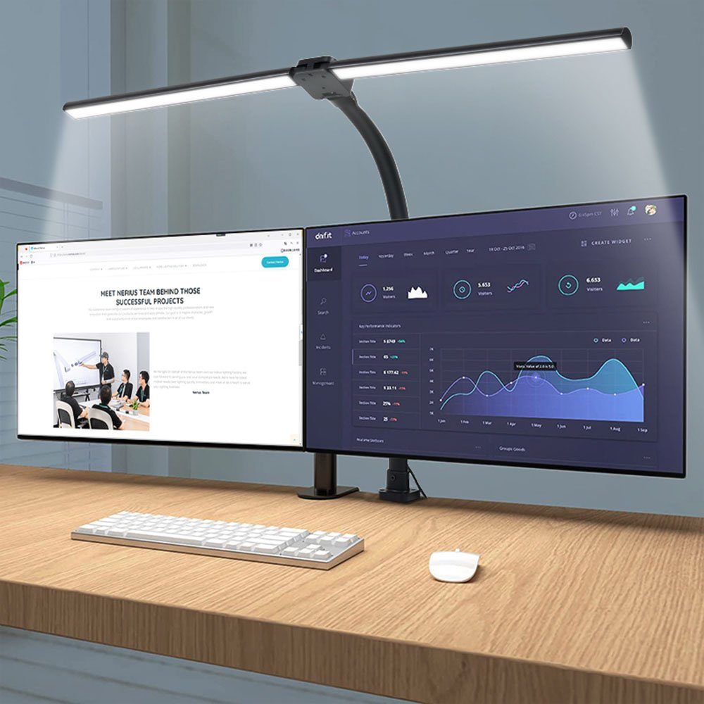 Rosnek LED Tischleuchte Doppelköpfe, 24W, 5 Farben und Helligkeit, für Architekten Büro Lesen, 3200-6500 K, mit Fernbedienung, mit flexibler Schwanenhals