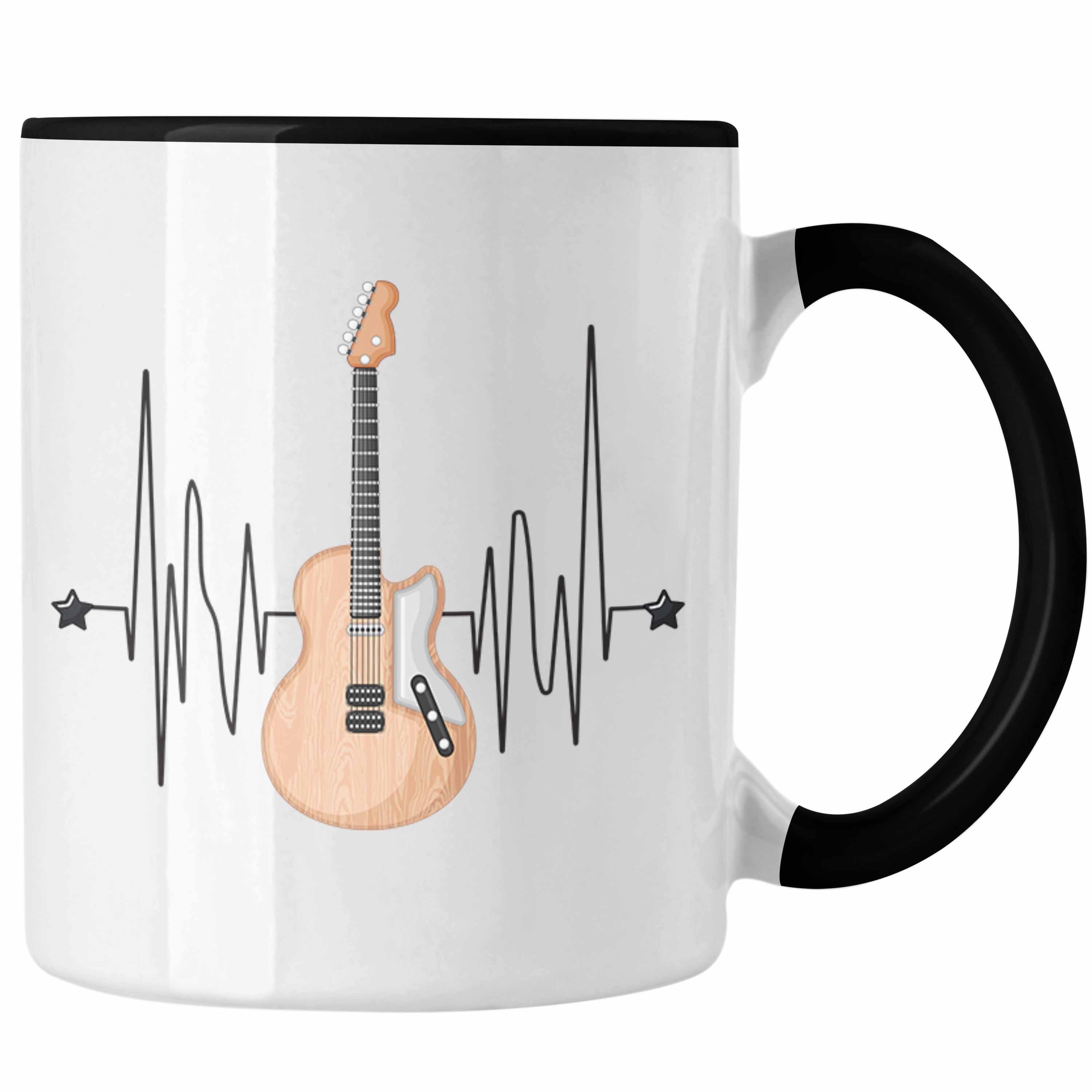 Trendation Tasse Herzschlag Tasse Gitarrenspieler Schwarz Gitarre Geschenk Geschenkidee für Kaf