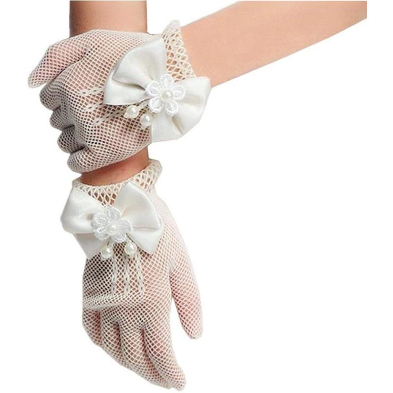 LuxusKollektion Abendhandschuhe Blumen Mädchen Kurze Handschuhe Weiß Schleife Netzhandschuhe (1-St)