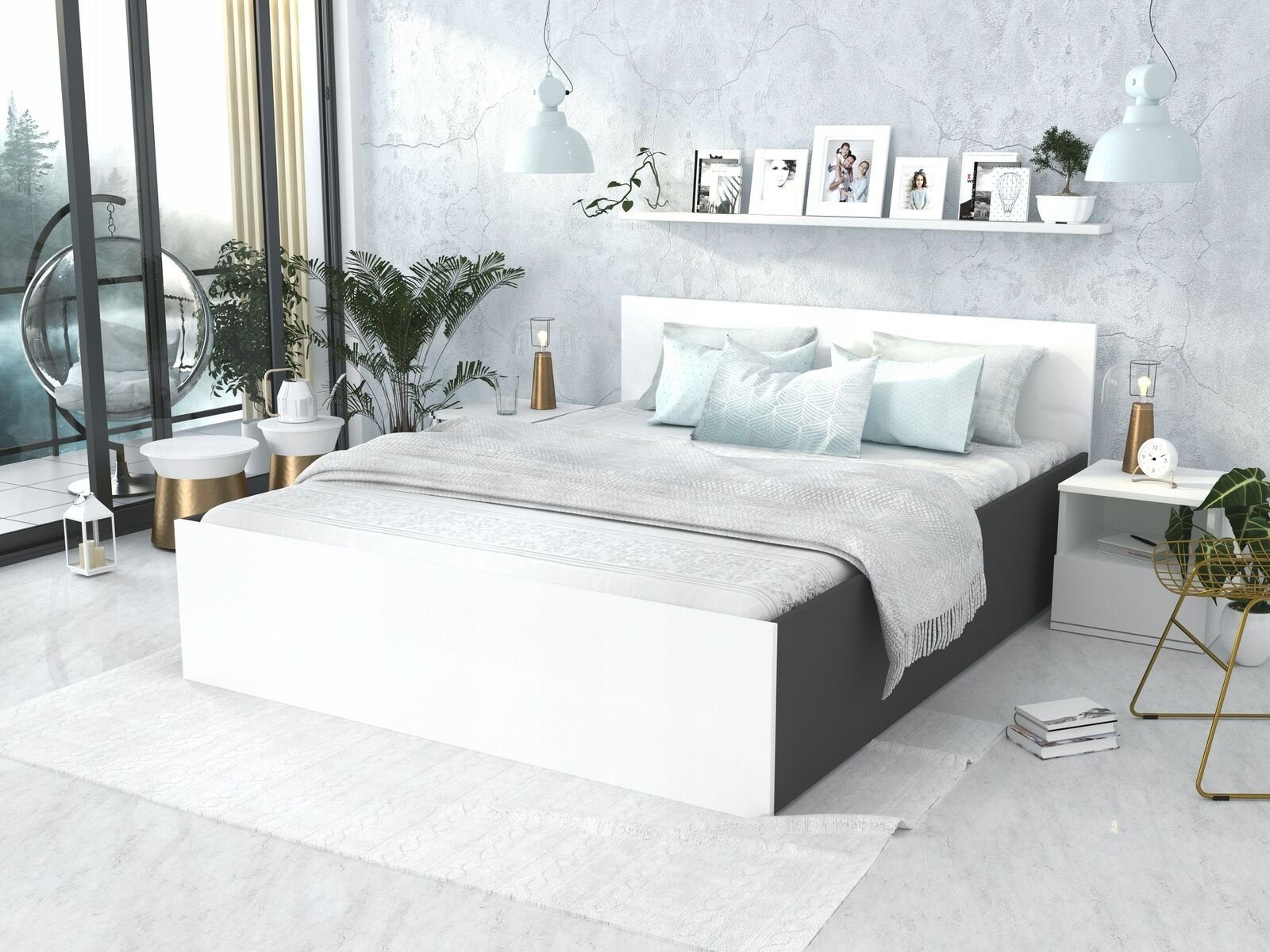 pressiode Bettgestell Bett mit Lattenrost - Jugendbett - Doppelbett mit/ohne Matratze Weiß-Grau