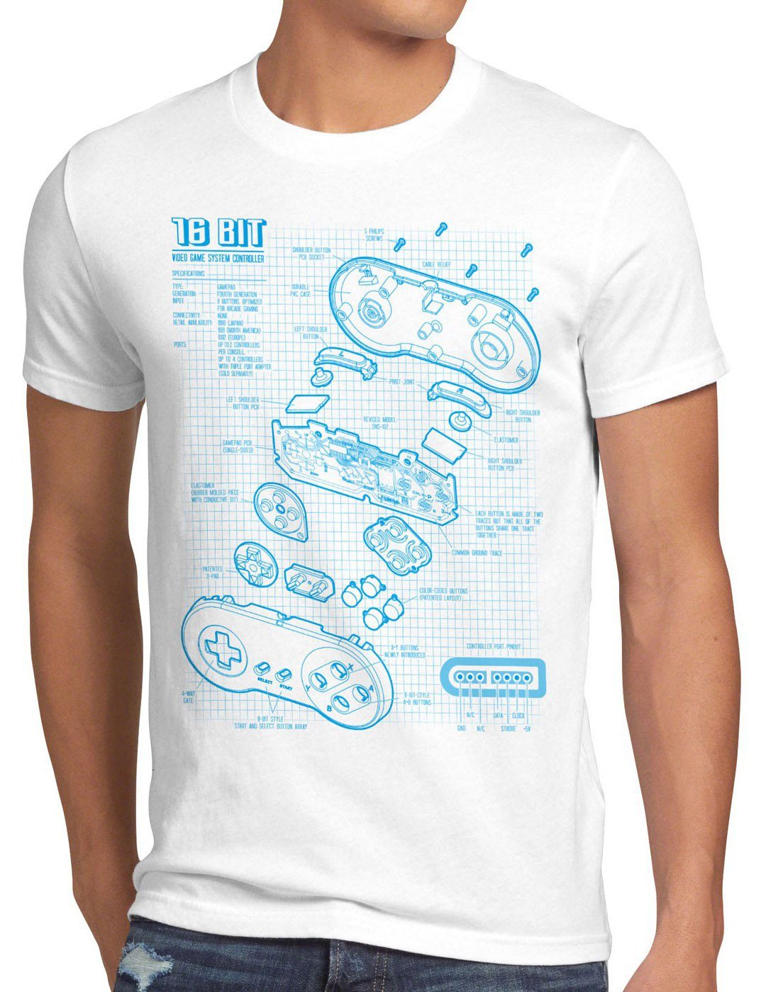 style3 Print-Shirt Herren T-Shirt 16-Bit Gamer classic snes nintendo nes switch super famicom mario weiß