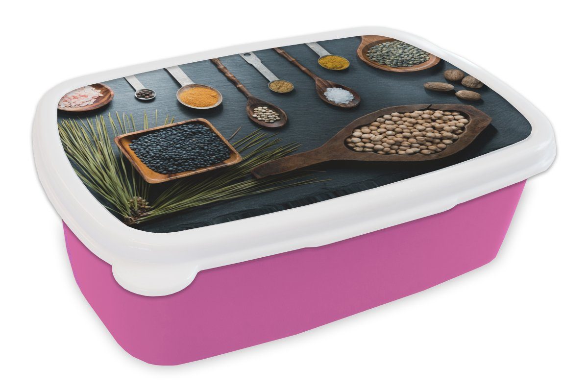 rosa Snackbox, Gewürze Brotbox Kunststoff Lunchbox Mädchen, - Kräuter Kinder, - - Löffel MuchoWow (2-tlg), Kunststoff, für Erwachsene, Küche, Brotdose