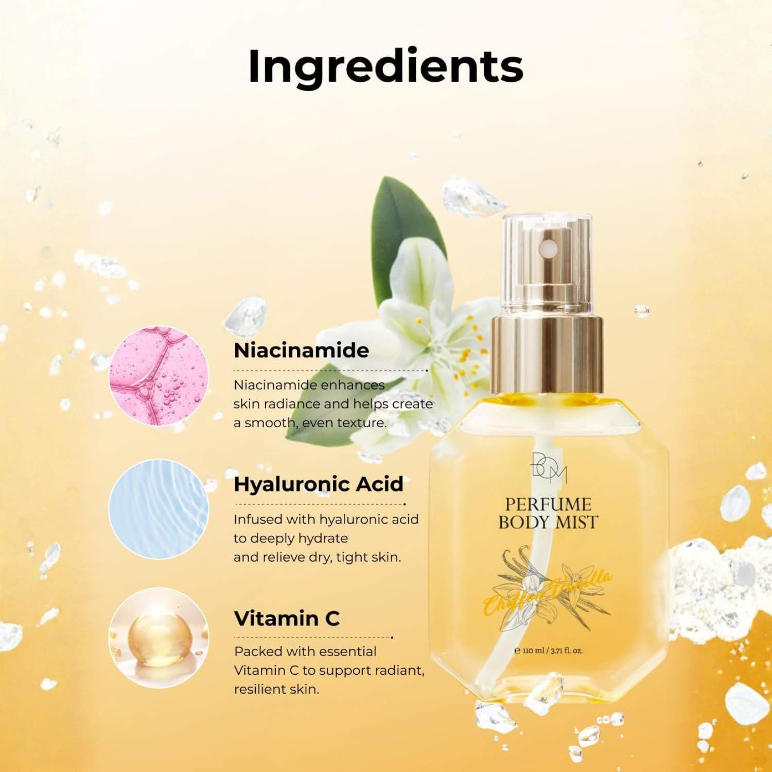 Beauty of Majesty Körperspray Chiffon Vanilla Perfume Body Mist 110ml – Körperspray mit 24h, Vanilleduft, Niacinamid & Hyaluronsäure, koreanisches Duftspray