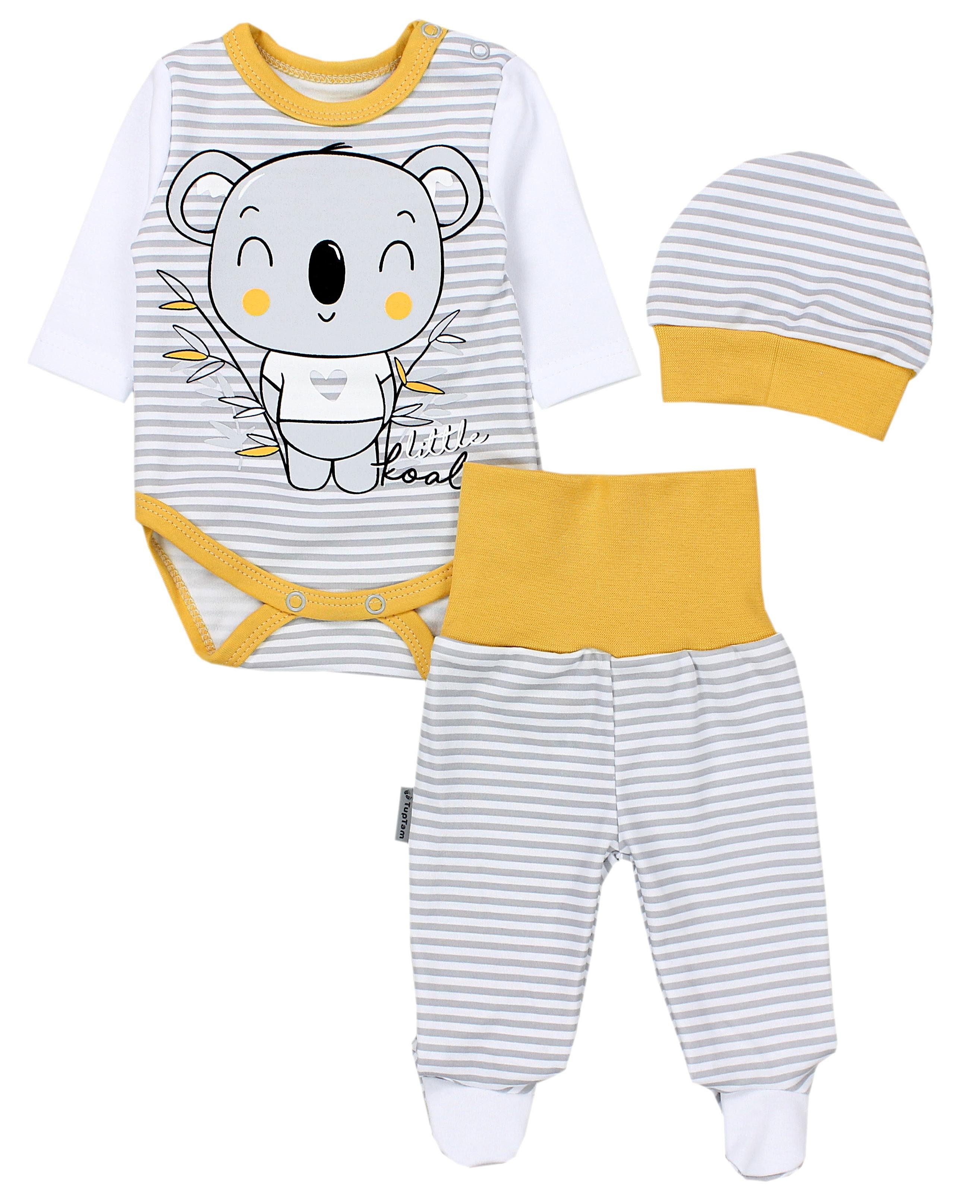 TupTam Erstausstattungspaket Baby Mädchen Jungen Bekleidungsset Langarmbody Hose Mütze mit Spruch Koala Streifen Grau / Gelb