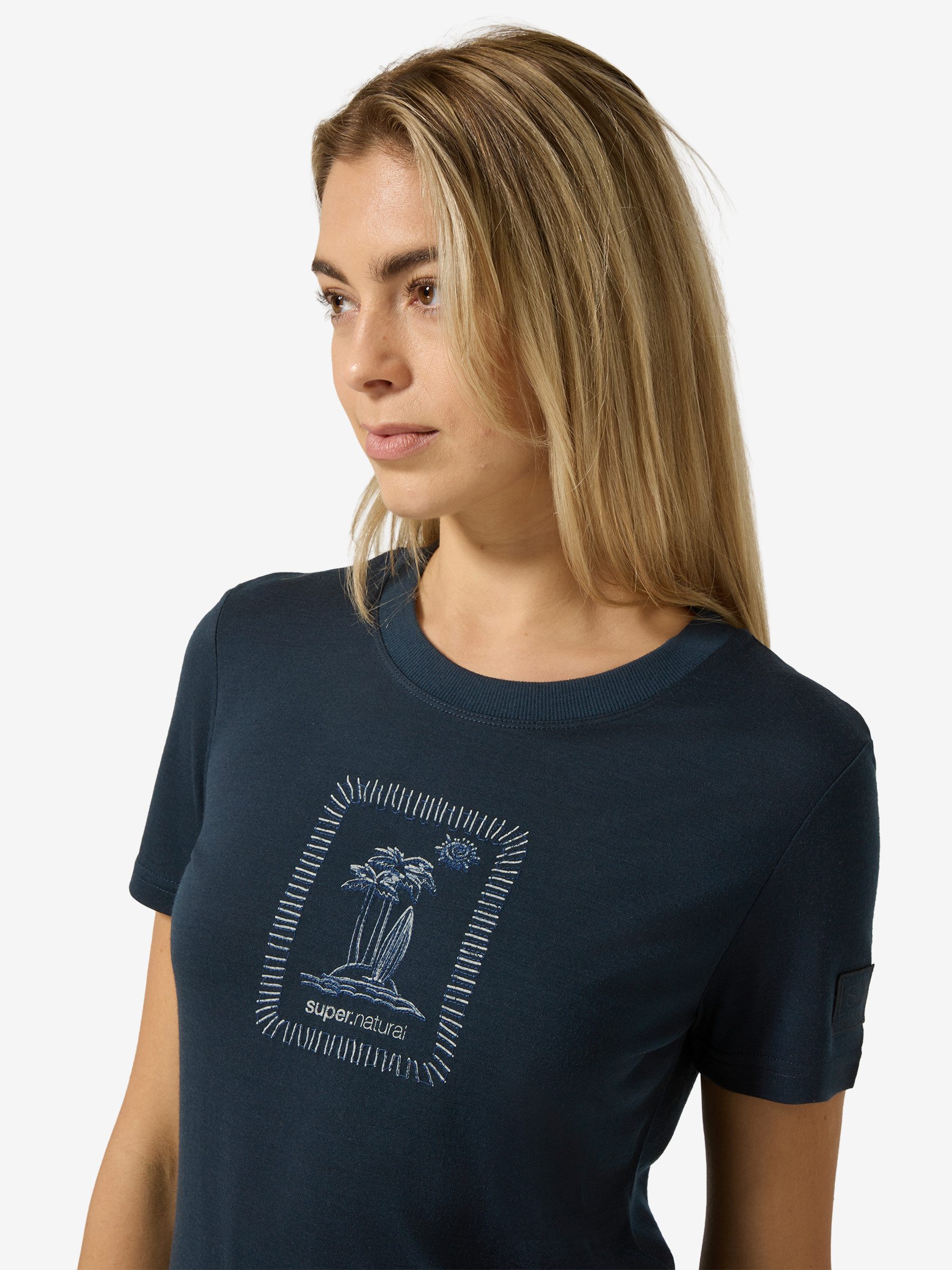 SUPER.NATURAL T-Shirt für Damen, nachhaltig, Merino mit Sommer-Motiv, atmungsaktiv