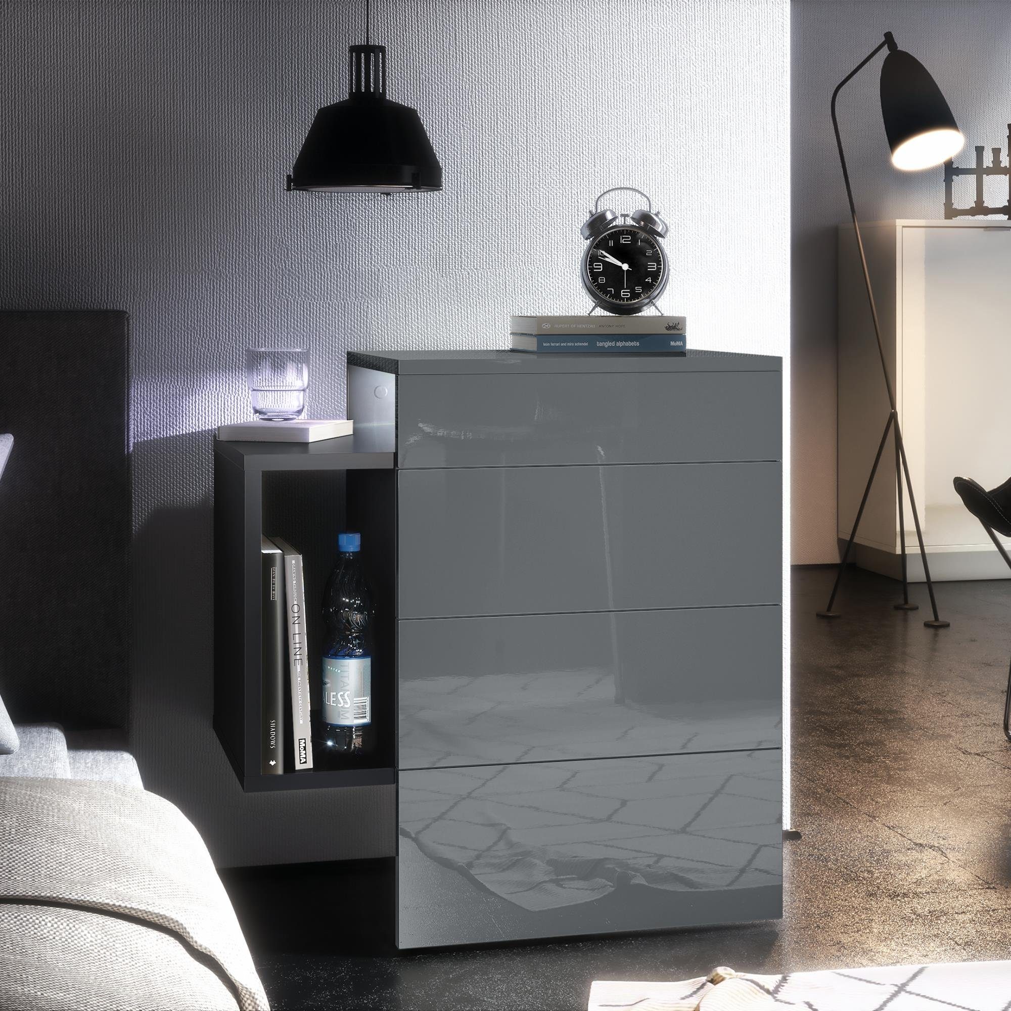 Vladon Nachttisch Queens (Nachttischschrank mit 2 Schubladen, und 1 seitlichem Fach zur Wandmontage), Schwarz matt/Grau Hochglanz inkl. LED-Unterbaustrahler (60x63x36 cm)