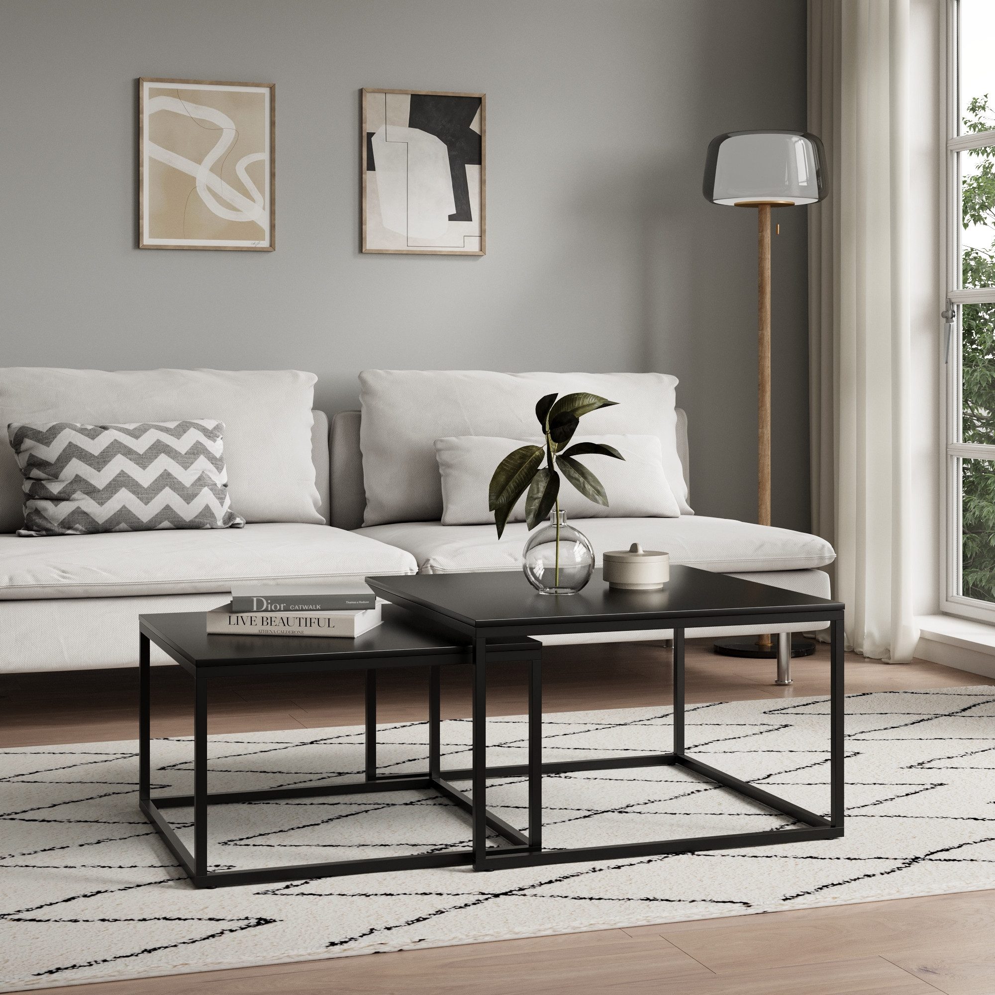 Home Collective Couchtisch Couchtisch 2er Set 42cm und 36cm hoch, Beistelltisch Loft Design, 2 in 1 Verschachtelung, kratzfeste Oberfläche, Wohnzimmer schwarz