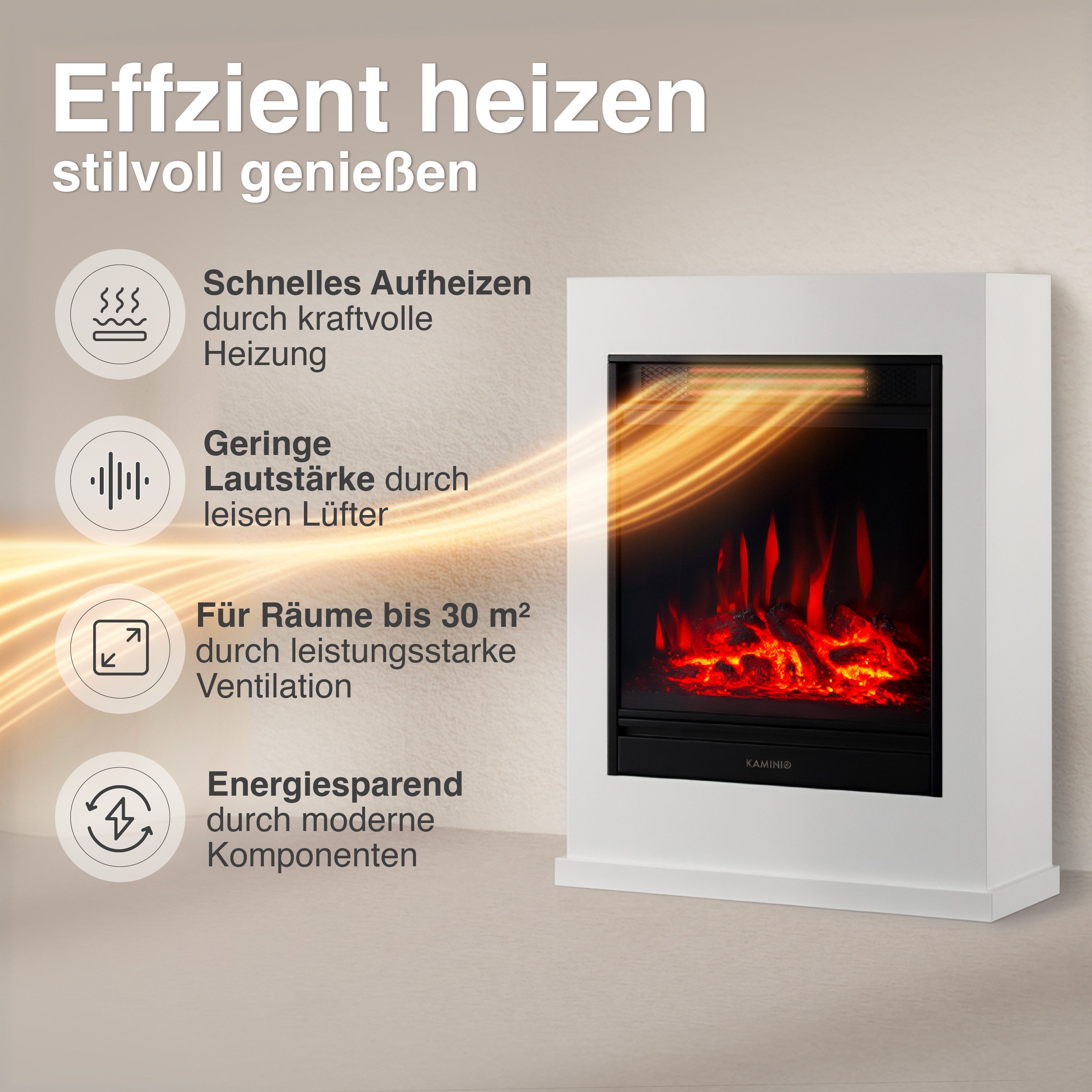KAMINIO Elektrokamin KALLE, Elektrischer Kamin mit 3D-Flammeneffekt, Heizung 1800W – Bild 4 von 5