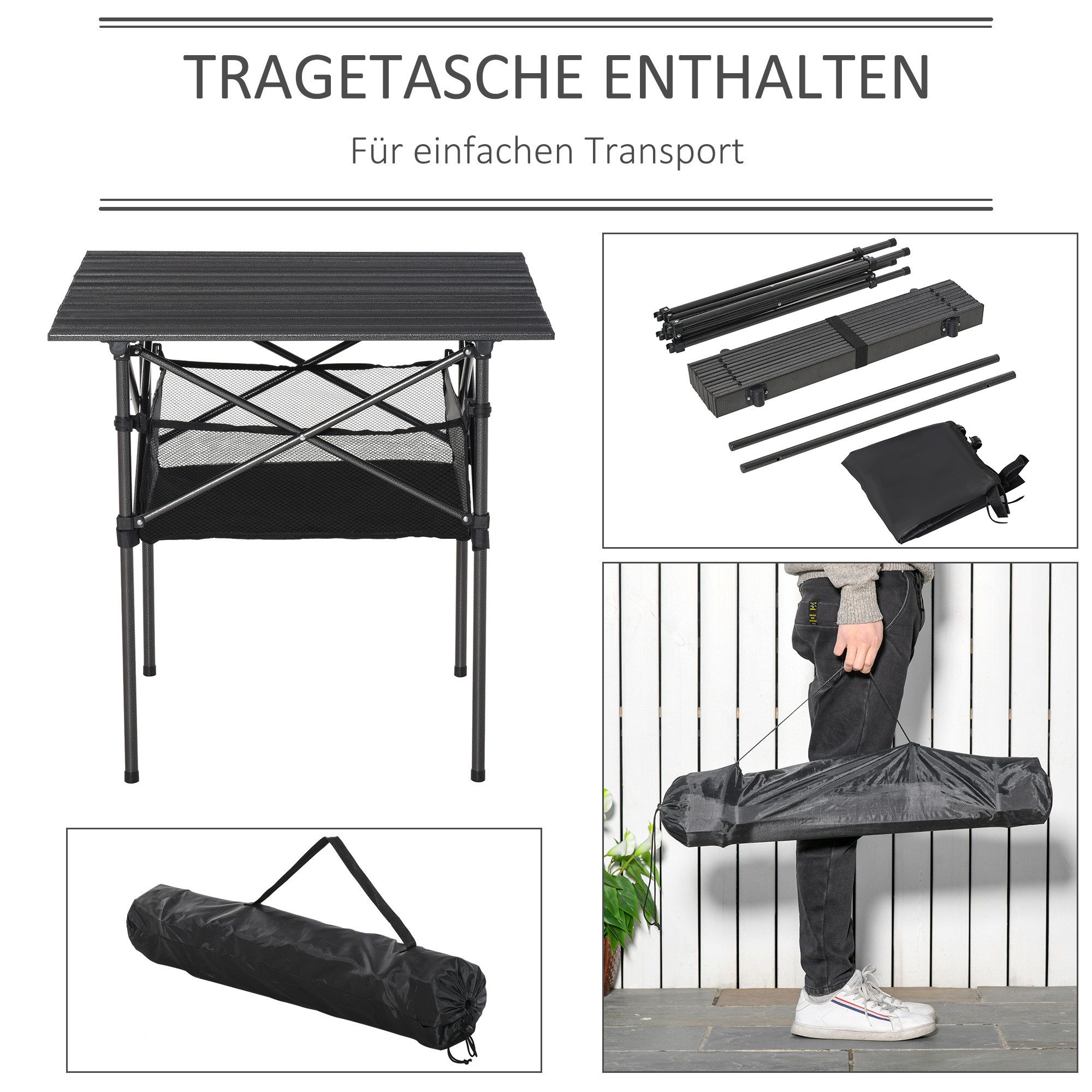 CHICFURN Campingtisch Faltbarer Klapptisch aus Aluminium, leicht und tragbar (Packung, 1-St., Mit Netztasche, praktisches Design für Outdoor-Nutzung), 70x70x69 cm, Farbe Schwarz