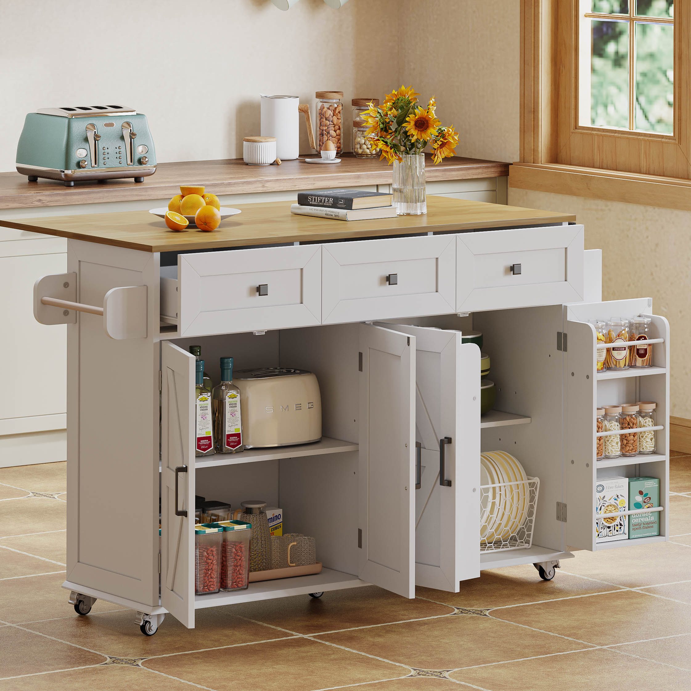 Flieks Küchenwagen mit erweiterbarer Arbeitsplatte, Rollen und verstellbarer Ablagen, (1 St), Kücheninsel Buffetschrank Servierwagen mit Schubladen & Türregalen – Bild 3 von 5
