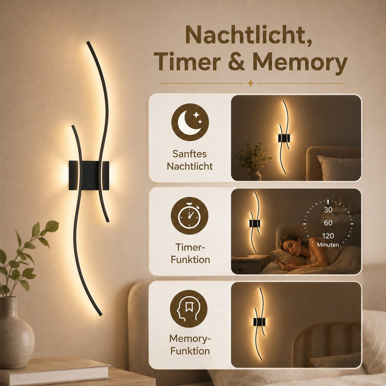 Lapamax LED Wandleuchte Akku Wandleuchte Innen, Dimmable, 3000K-6500K, LED, 3 Lichtfarben, für Wohnzimmer Schlafzimmer Flur Treppen – Bild 3 von 5
