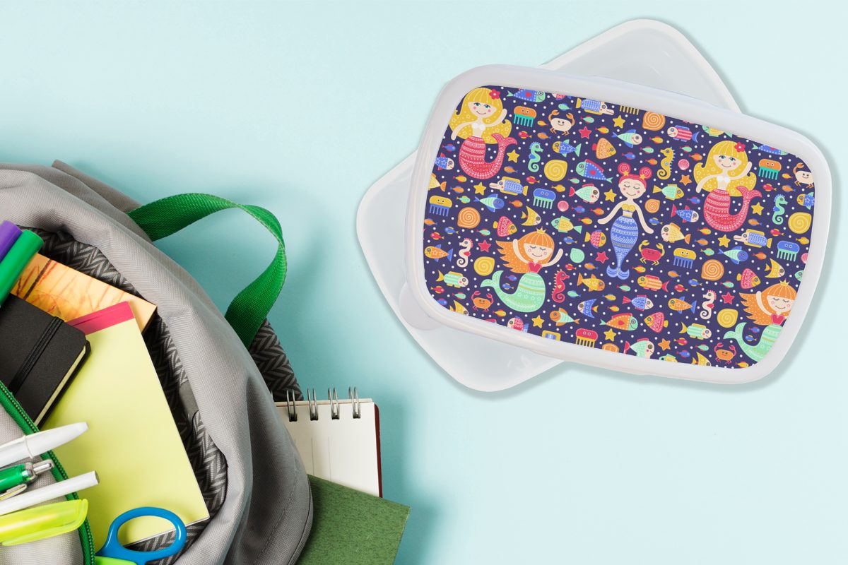 MuchoWow Lunchbox Meerjungfrau - Brotdose, und Kunststoff, für Erwachsene, für Brotbox Jungs Mädchen weiß Muster, (2-tlg), und Kinder Fisch 