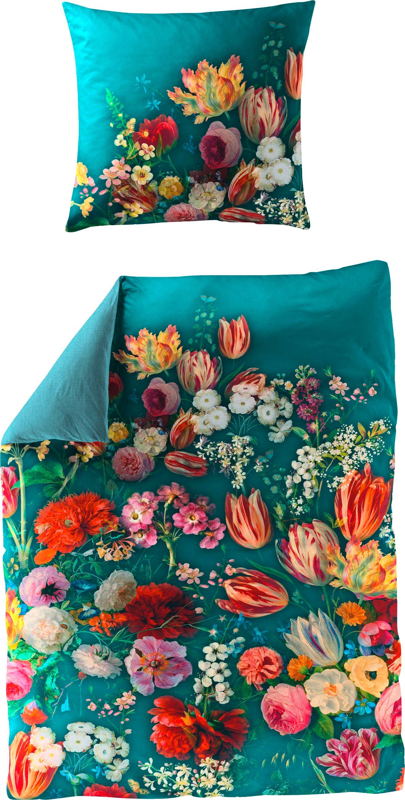 BIERBAUM Wendebettwäsche Petrol Flowers, Mako-Satin, 2 teilig, mit innovativem Digitalprint