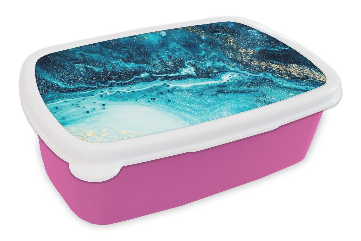 MuchoWow Lunchbox Marmoroptik - Blau - Gold - Luxe - Glitzer - Marmor, Kunststoff, (2-tlg), Brotbox für Erwachsene, Brotdose Kinder, Snackbox, Mädchen, Kunststoff rosa