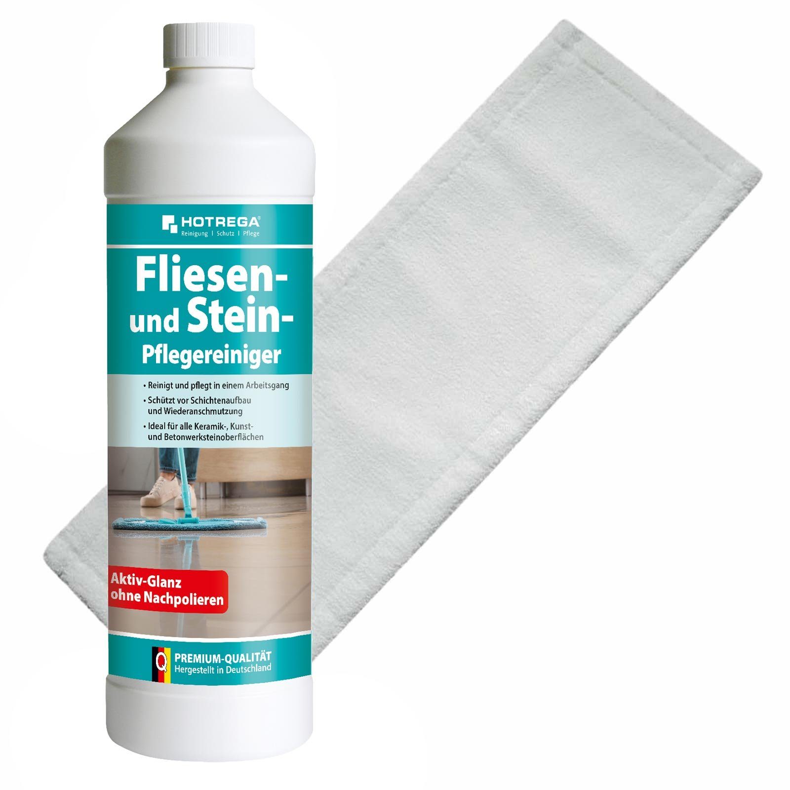 HOTREGA® Fliesen Steinpflege Reiniger Bodenpflege 1L Konzentrat + Microfasermop Reinigungskonzentrat