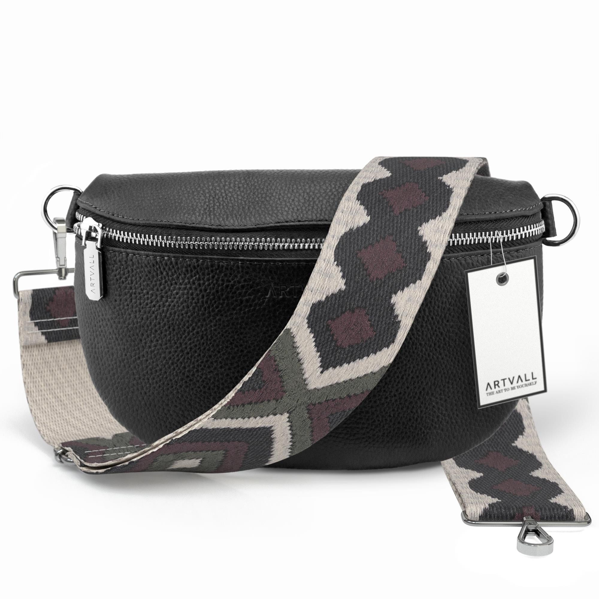 ARTVALL Umhängetasche Echtleder Handtasche Damen Brusttasche Schwarz (Tasche inkl. Taschenband), Leder Bauchtasche klein breiter Schulterriemen abnehmbarer Taschengurt