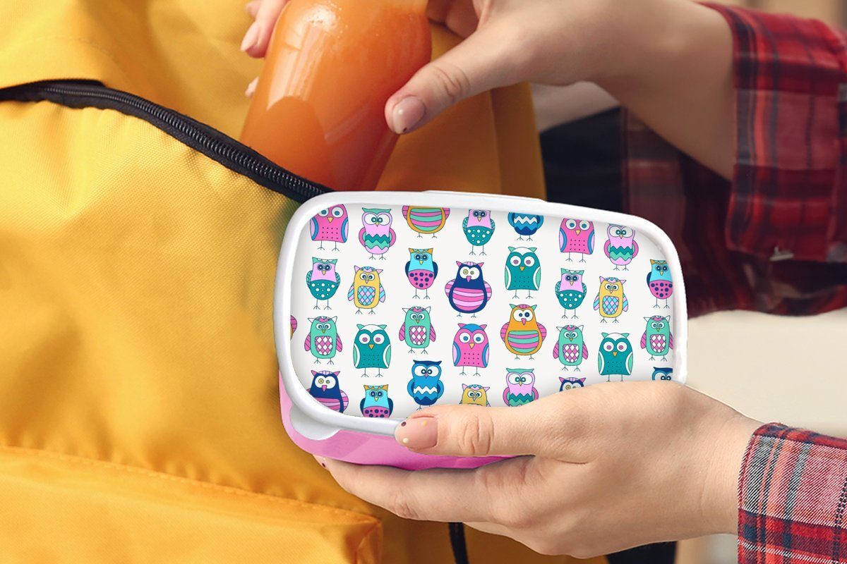 Kunststoff Eule rosa - MuchoWow Mädchen, für Brotbox Brotdose - Snackbox, Cartoon, Kinder, Regenbogen Kunststoff, Lunchbox Erwachsene, (2-tlg),