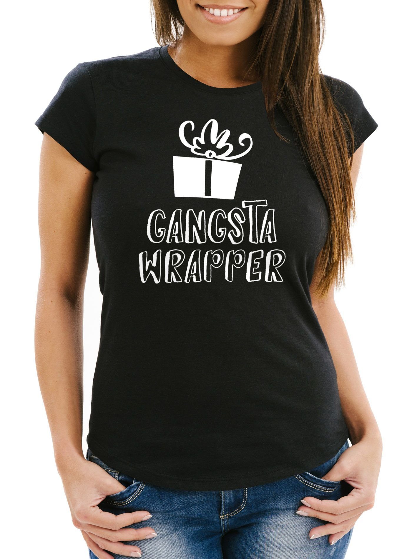 MoonWorks Print-Shirt Damen T-Shirt Weihnachtsshirt Gangsta Wrapper Tasse Weihnachten lustig Geschenk Einpacker Slim Fit Moonworks® mit Print schwarz