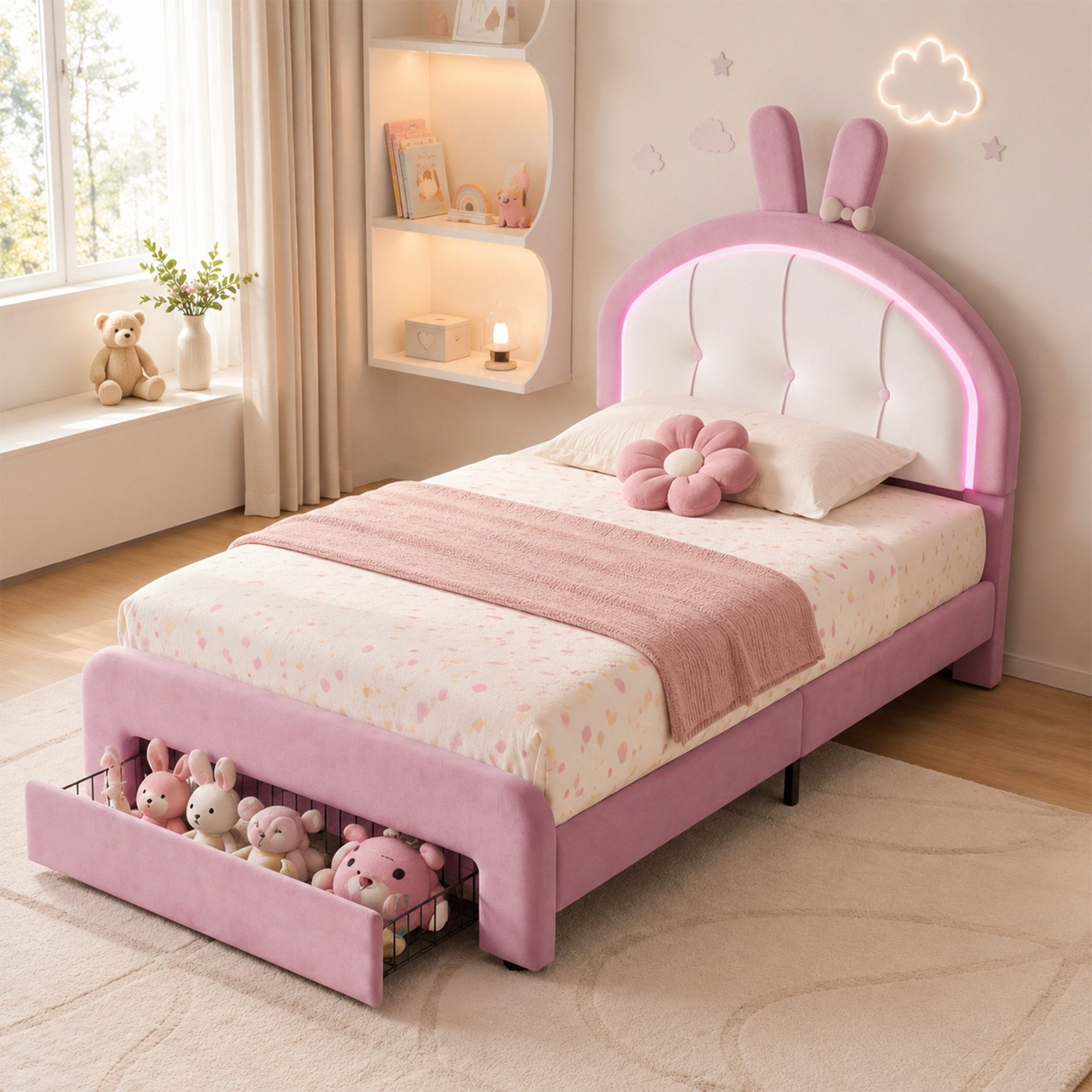 Simurq Prinzessinbett Polster Kinderbett 90x200 cm Samt Hasen‑Design mit LED‑Beleuchtung (höhenverstellbares Kopfteil, Bettenschublade mit Rollen), Einzelbett Prinzessin Bett für Kinderzimmer