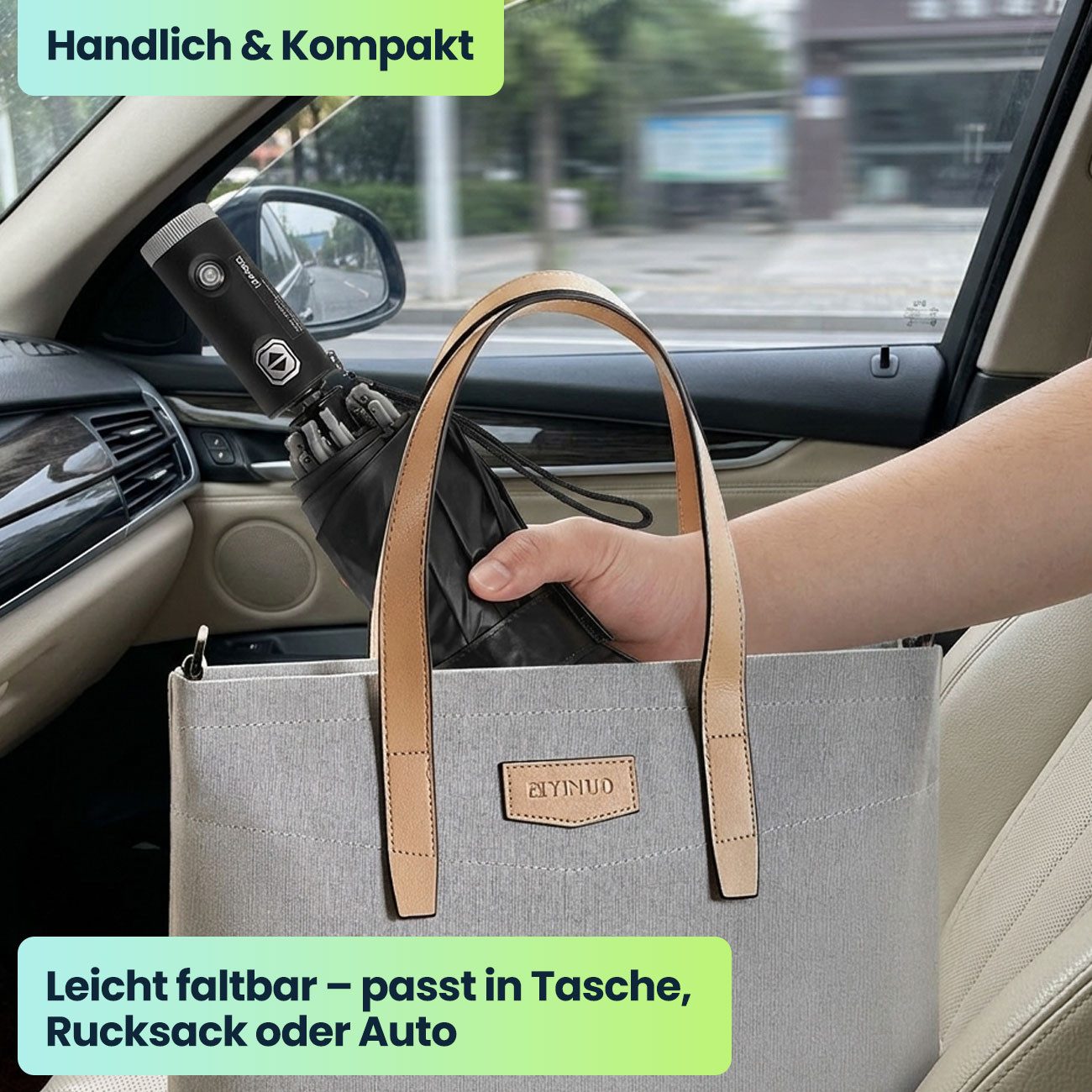 shop'n smile ideoon Taschenregenschirm Faltbarer Regenschirm LED Taschenlampe Taschenschirm Schirmdach Ø105cm, Geöffnet: Ø 105 x 62 cm/Auto-Öffnen & -Schließen/Handschlaufe
