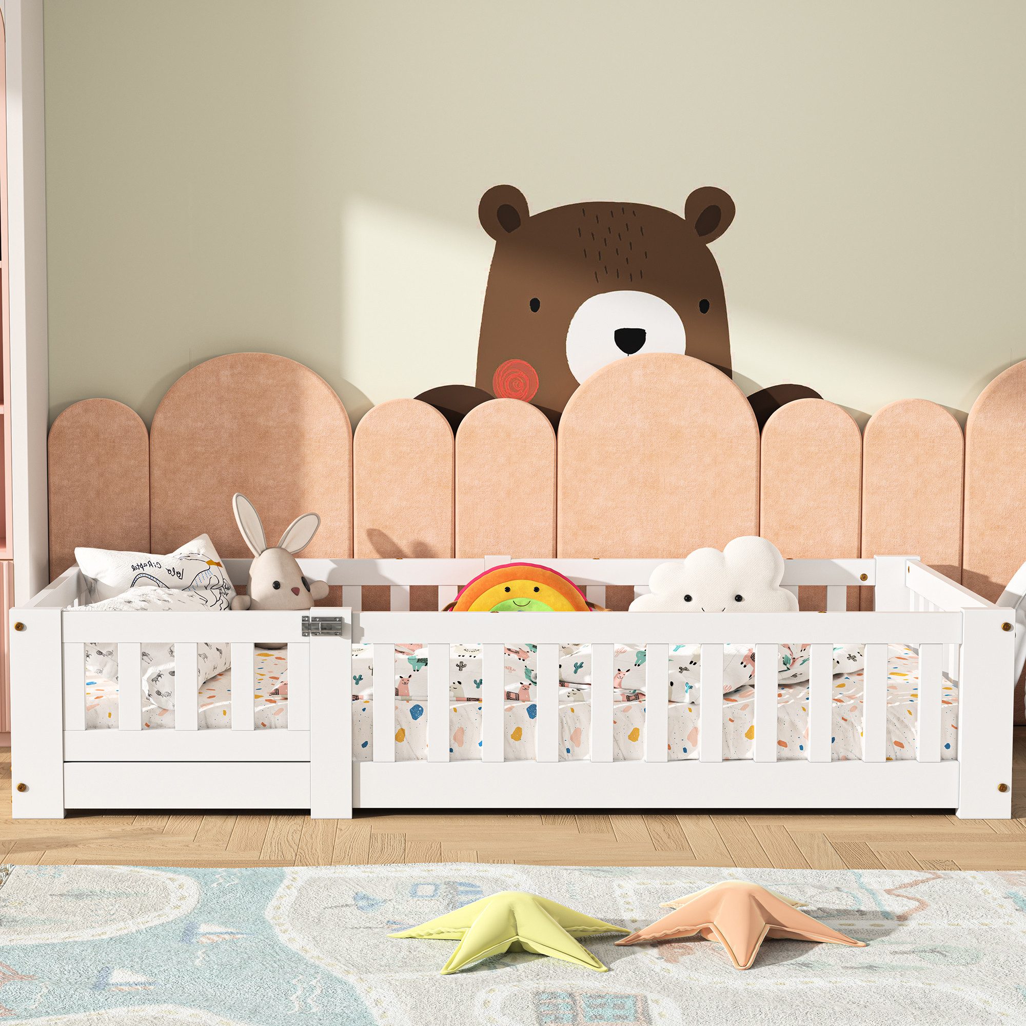 FUROKOY Kinderbett Bodenbett Massivholzbett mit Lattenrost, Holzbett Einzelbett 120x200cm mit Rausfallschutz,Weiß,Montessori