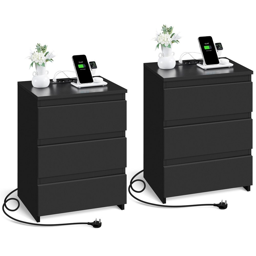 Yaheetech Nachttisch mit Ladestation, 2 USB-Anschlüsse und 2 AC-Steckdosen (2-St), Beistelltisch mit 3 Schubladen, 45,5 × 35,5 × 60,5 cm