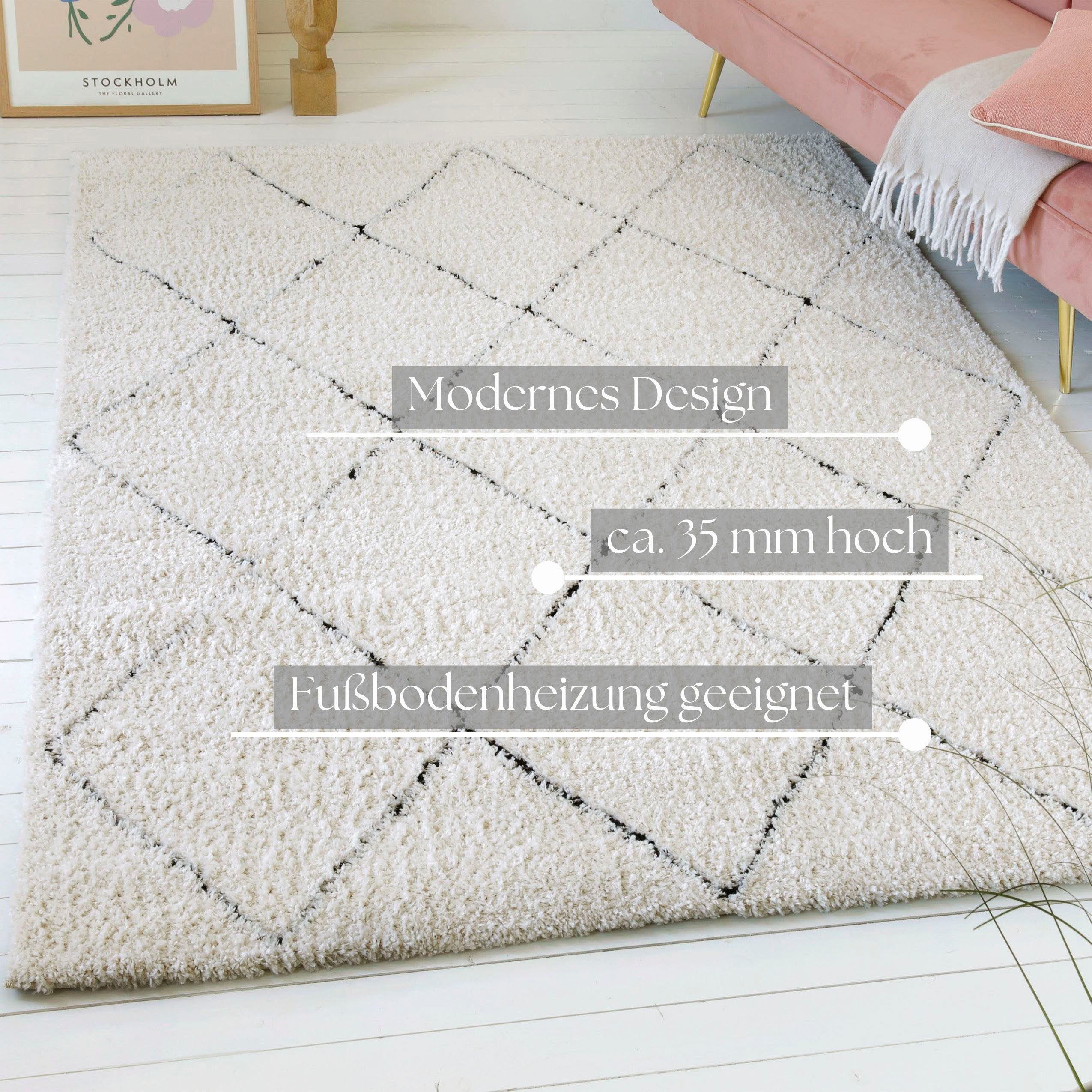 OTTO home Hochflor-Teppich Aveline, auch als Läufer erhältlich, rechteckig, Höhe: 35 mm, Langflor, Shaggy im Berber Stil, geometrisch, Raute, Wohnzimmer – Bild 4 von 5
