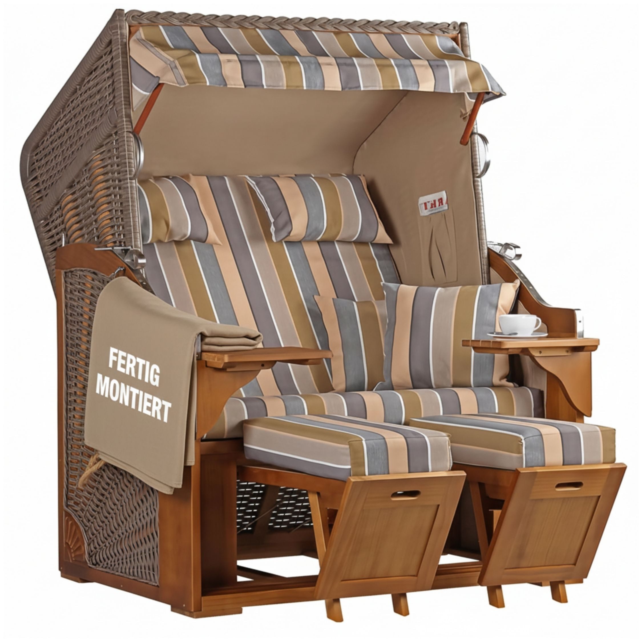 MR.DEKO Strandkorb 2-Sitzer Schleswig Pinie Braun PE Mokka, aufgebaut geliefert, BxTxH: 120x80x160 cm, 2-Sitzer, Schleswig, (Zweisitzer Strandkorb mit Bistrotischen & Fußstützen), Bereits montiert, UV-beständig, Volllieger & Edelstahl-Beschläge