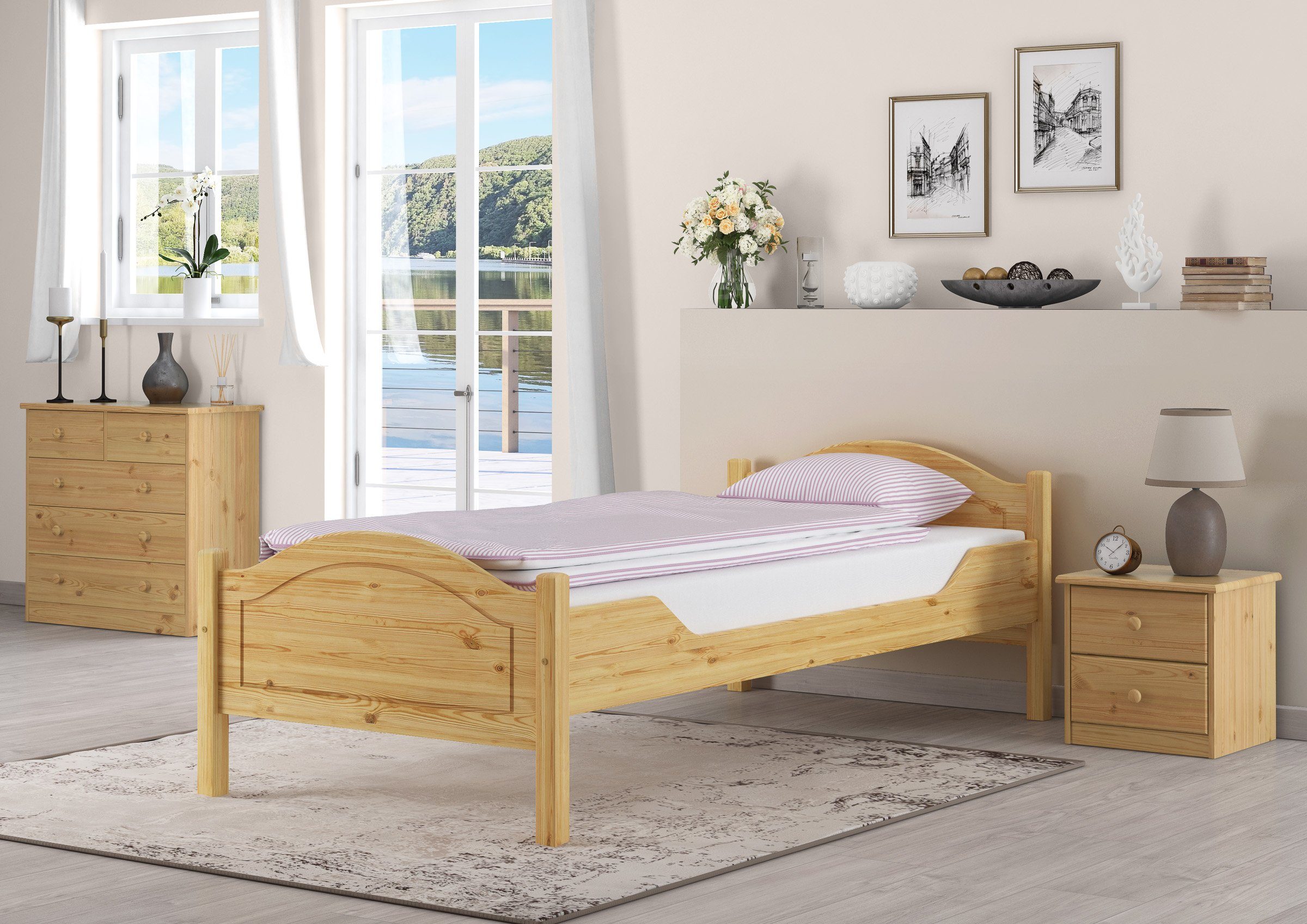 ERST-HOLZ Bettgestell Überlanges Einzelbett 90 x 220 cm Kiefer Massivholz Landhausstil, Kiefer unbehandelt
