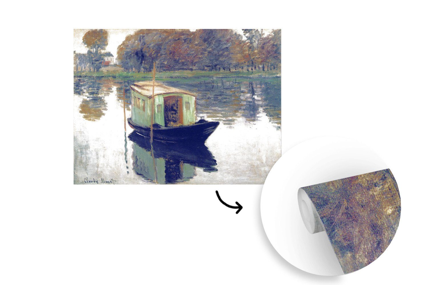 für Wandtapete MuchoWow (5 Monet, Claude Montagefertig Atelierboot Gemälde Vinyl von Das bedruckt, - Fototapete Wohnzimmer, Tapete Matt, St),