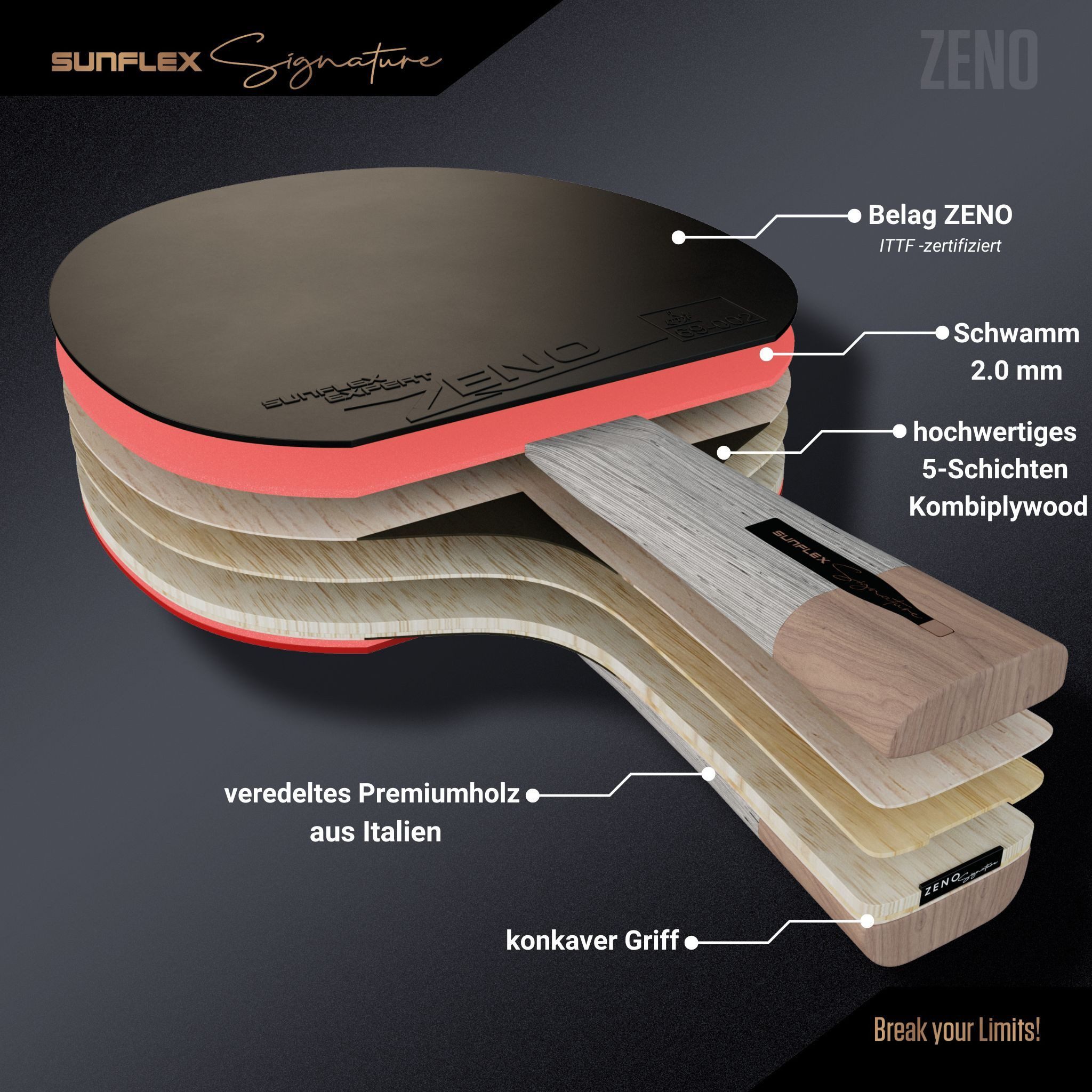 Sunflex Tischtennisschläger SIGNATURE ZENO, ITTF zertifizierter Zeno Belag, Magnetverschluss – Bild 4 von 5