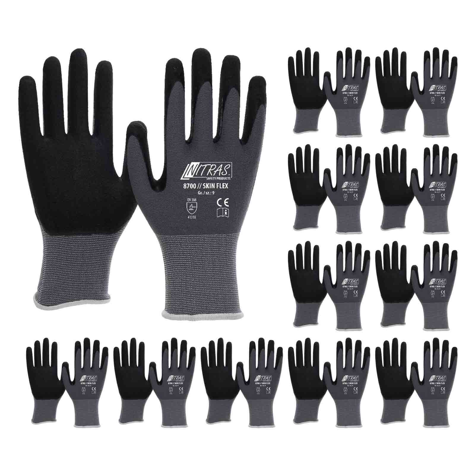 Nitras Nitril-Handschuhe Skin-Flex Strickhandschuh 8700, Nitril PU Schaum, VPE 12 Paar (Spar-Set)