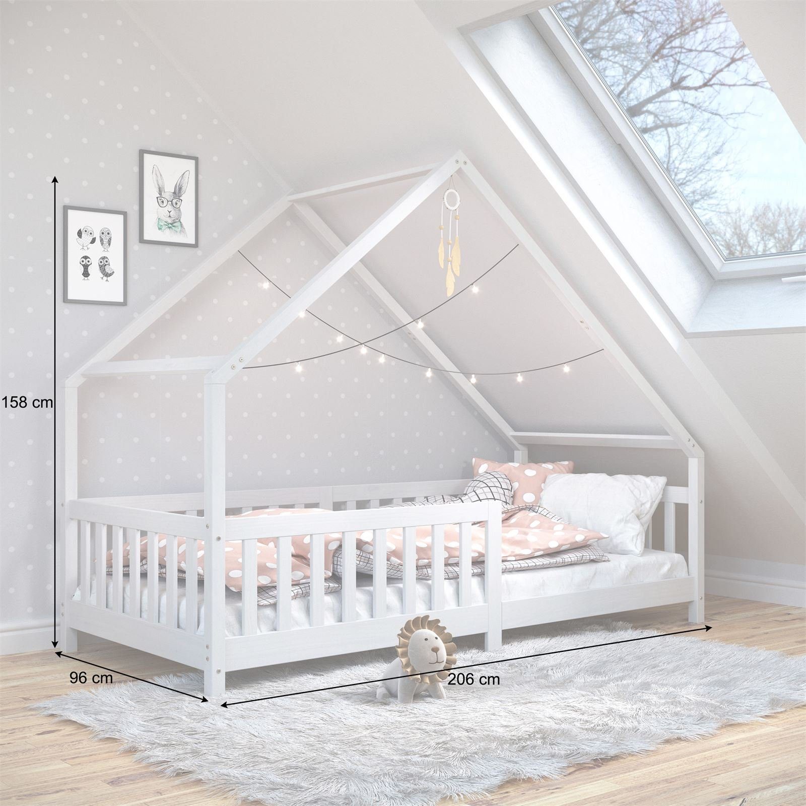 IDIMEX Hausbett CORA, Kinderbett 90x200 cm mit Rausfallschutz Montessori Bodenbett Weiß