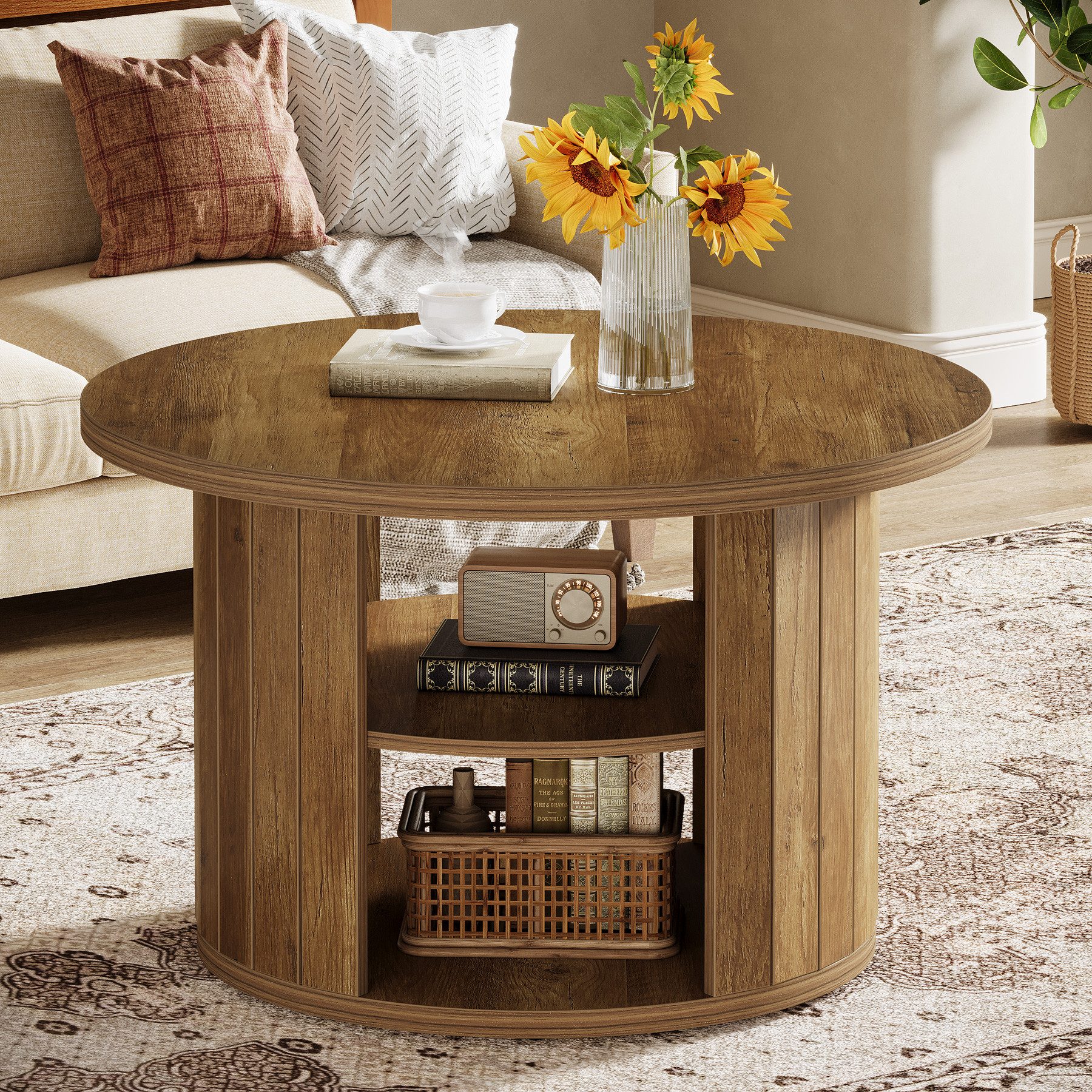 Tribesigns Couchtisch Runde 80cm Industrial 2-Tier-Kreis Wohnzimmertisch mi günstig online kaufen