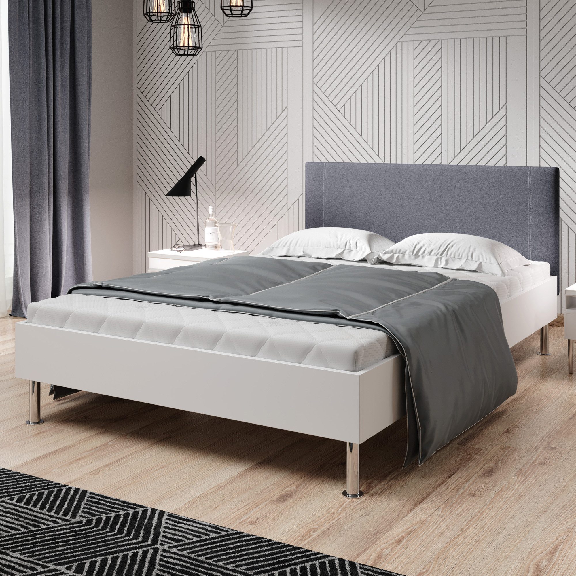 inter Holzbett Futonbett Anton 140x200 cm Gepolstertes Kopfteil Anthrazit Chromfüße, mit gepolstertem Kopfteil