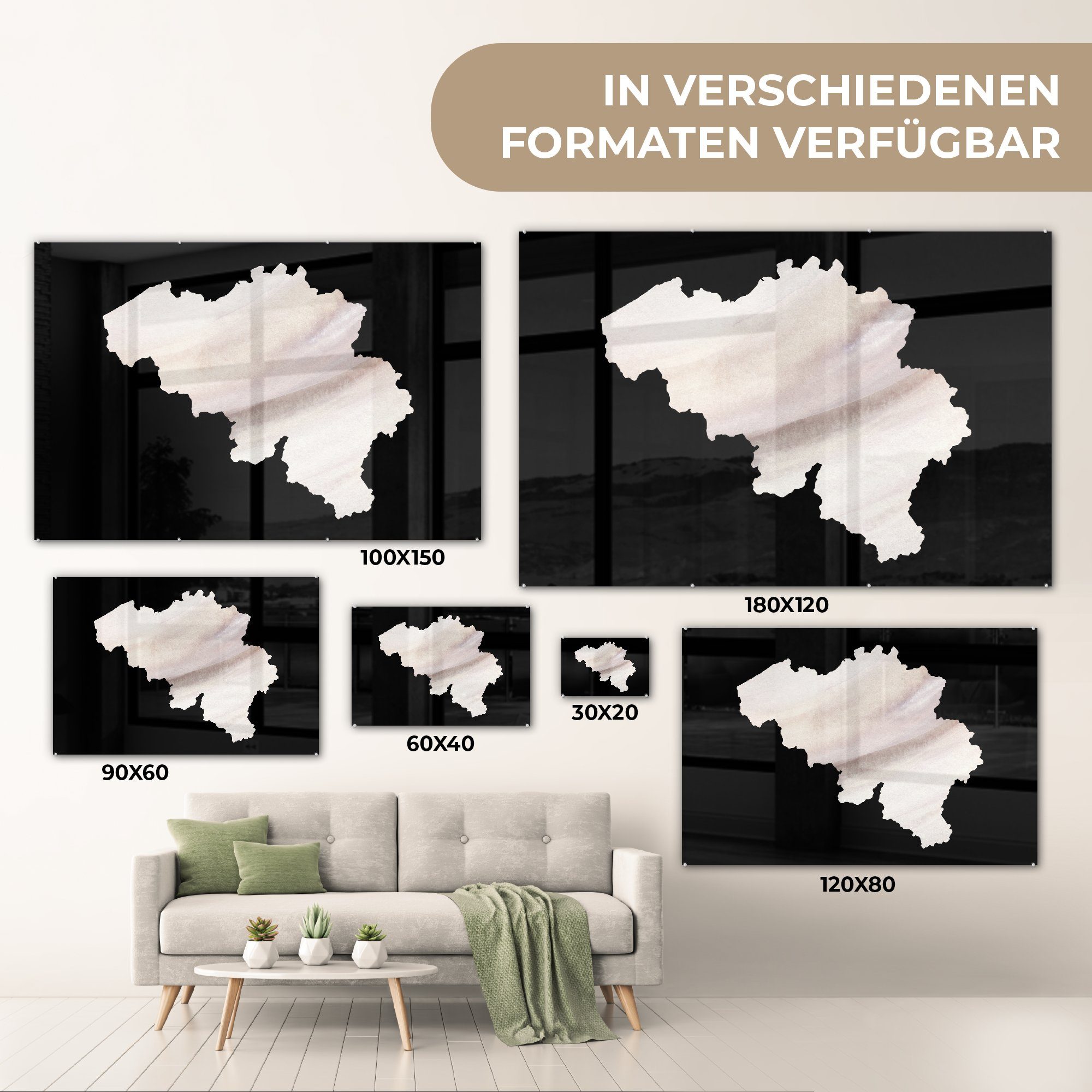 MuchoWow Acrylglasbild Karte - Acrylglasbilder Schlafzimmer Wohnzimmer St), (1 & Belgien Weiß, 
