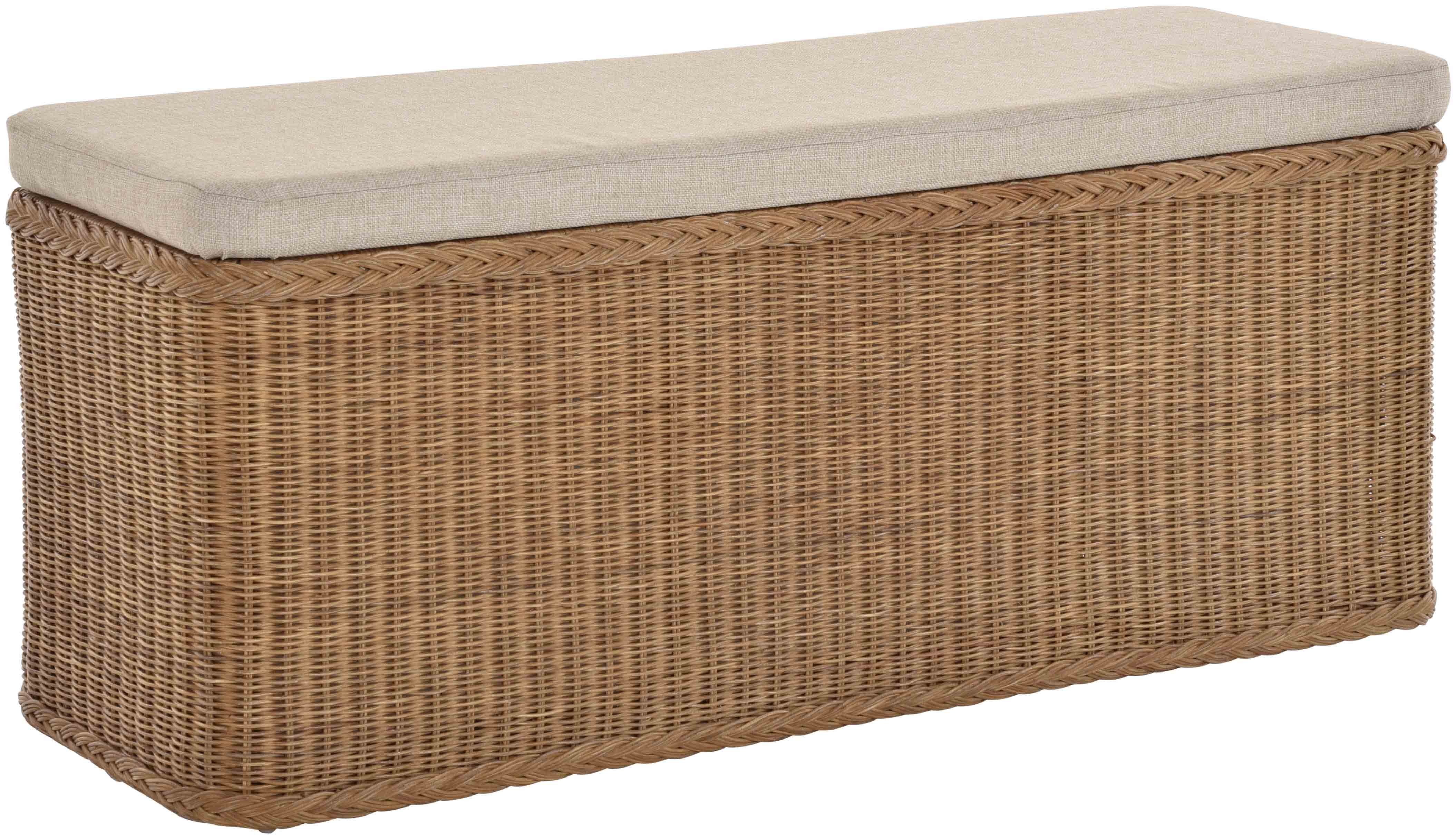 Krines Home Sitztruhe Breiter Rattan Bank 115cm Sitzbank, Wäschesammler Sitz-Truhe Sitzhocker Wäschekorb Wäschetruhe schmal Hellbraun Natur Flur Deckel Rechteckig XXL mit