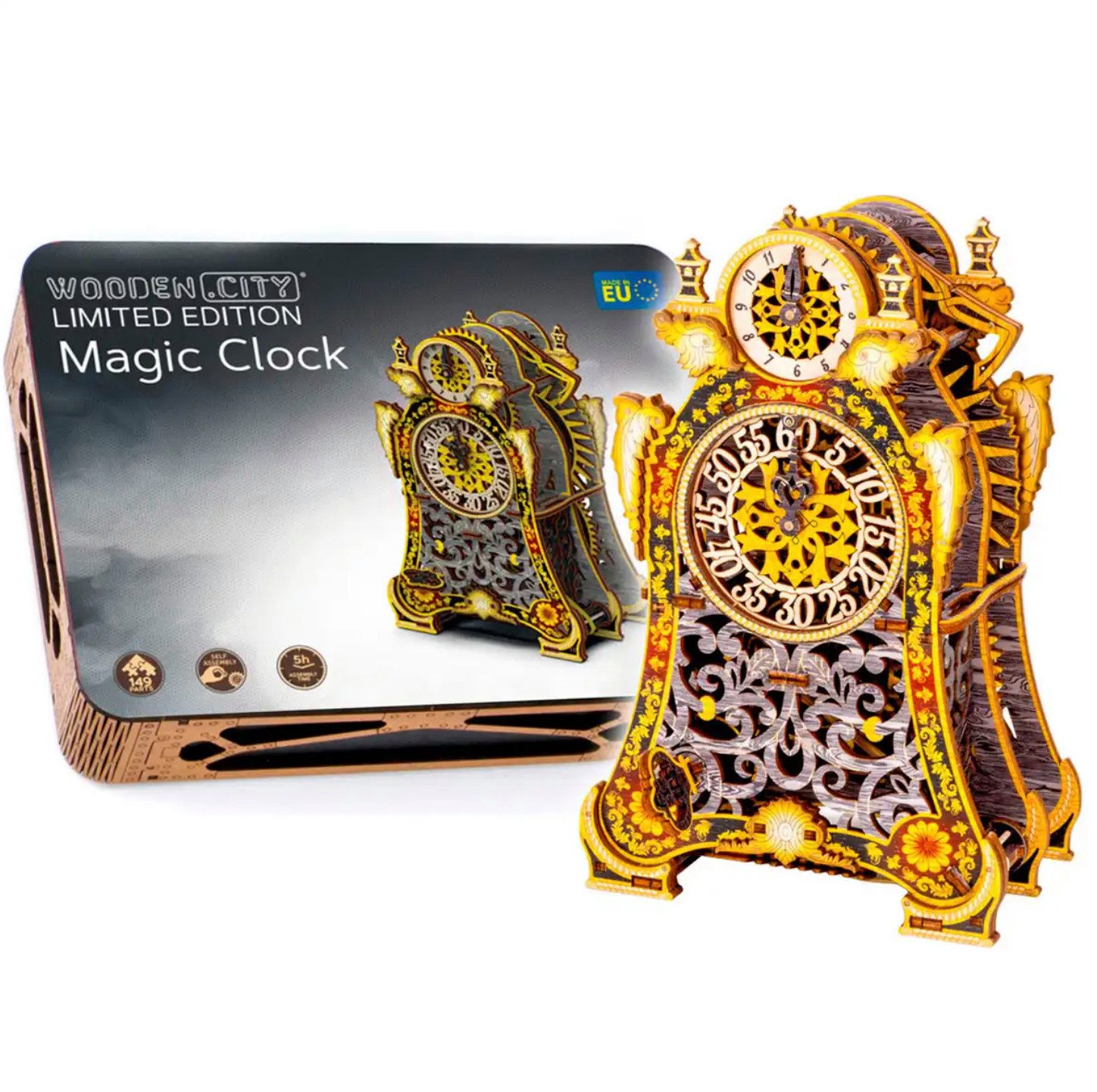 Wooden City 3D-Puzzle Holzbausatz mechanische Uhr Magic Clock 3D Puzzle Deko Geschenkidee, 149 Puzzleteile, Laser geschnitten