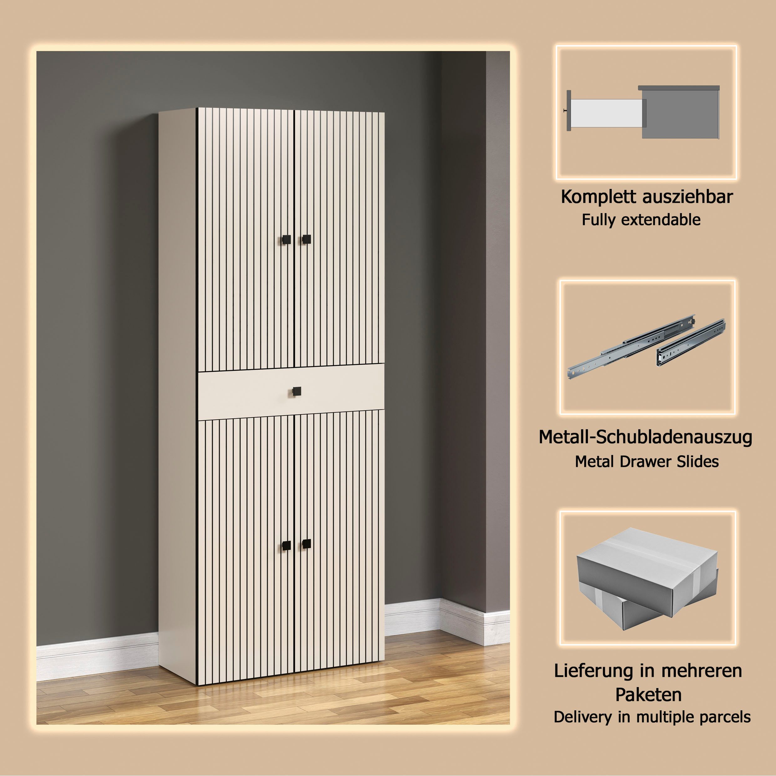 welltime Hochschrank Amrum Badezimmerschrank mit und ohne Schublade - (B/T/H) 40-70/31/186 cm – Bild 5 von 5