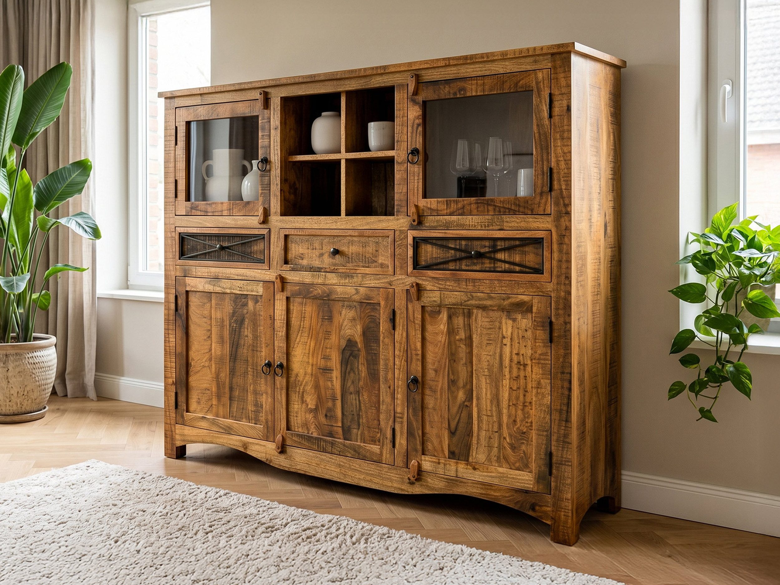 Massivart® Highboard 160 cm Breite Massivholz Akazie lackiert »ACANO«, montiert · 5 Türen · 3 Schubladen · 4 offene Fächer